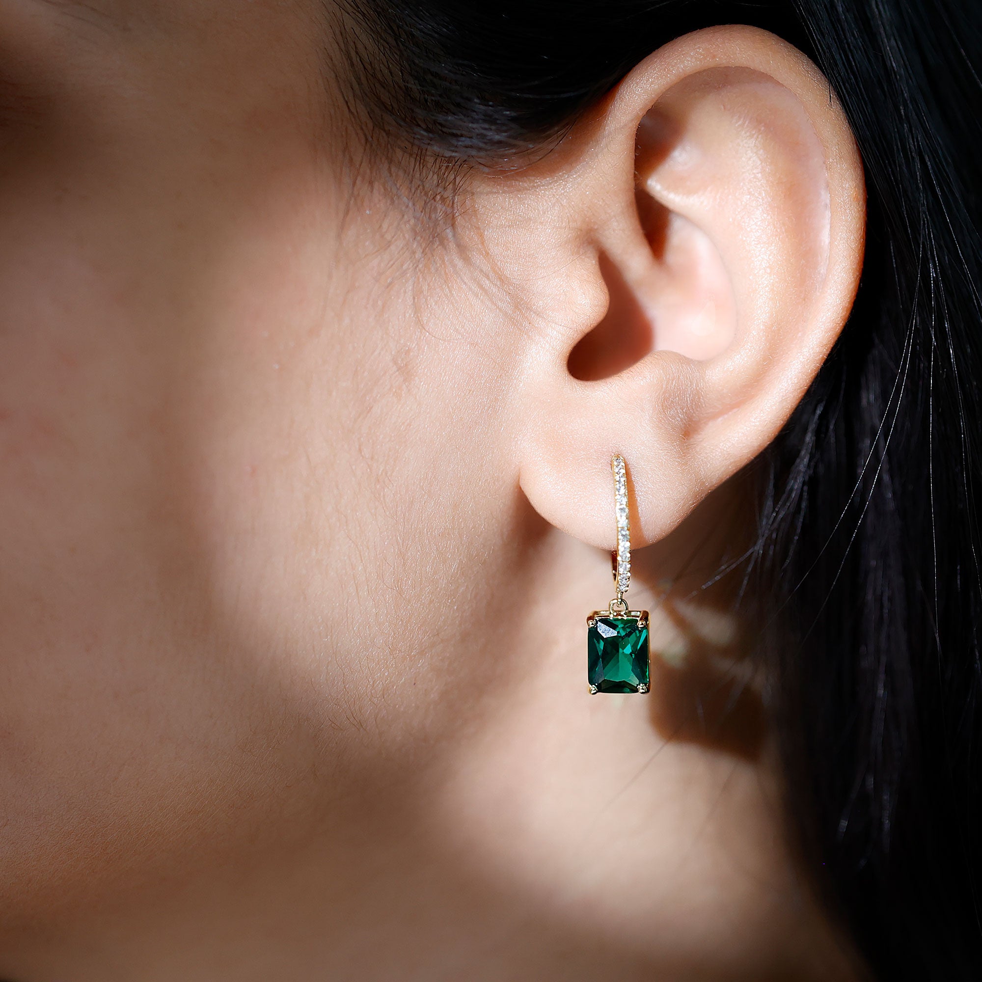 5 CT Octagon Cut Created Emerald Hoop Drop Earrings with Diamond Lab Created Emerald - ( AAAA ) - Quality - Rosec Jewels