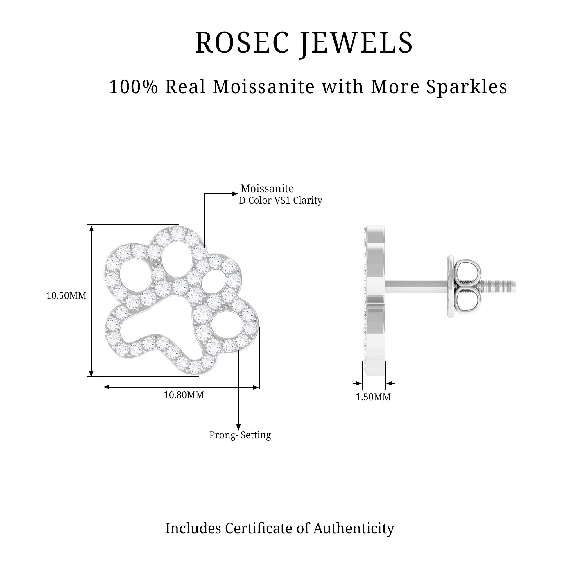 1/2 CT Moissanite Cute Paw Stud Earrings Moissanite - ( D-VS1 ) - Color and Clarity - Rosec Jewels