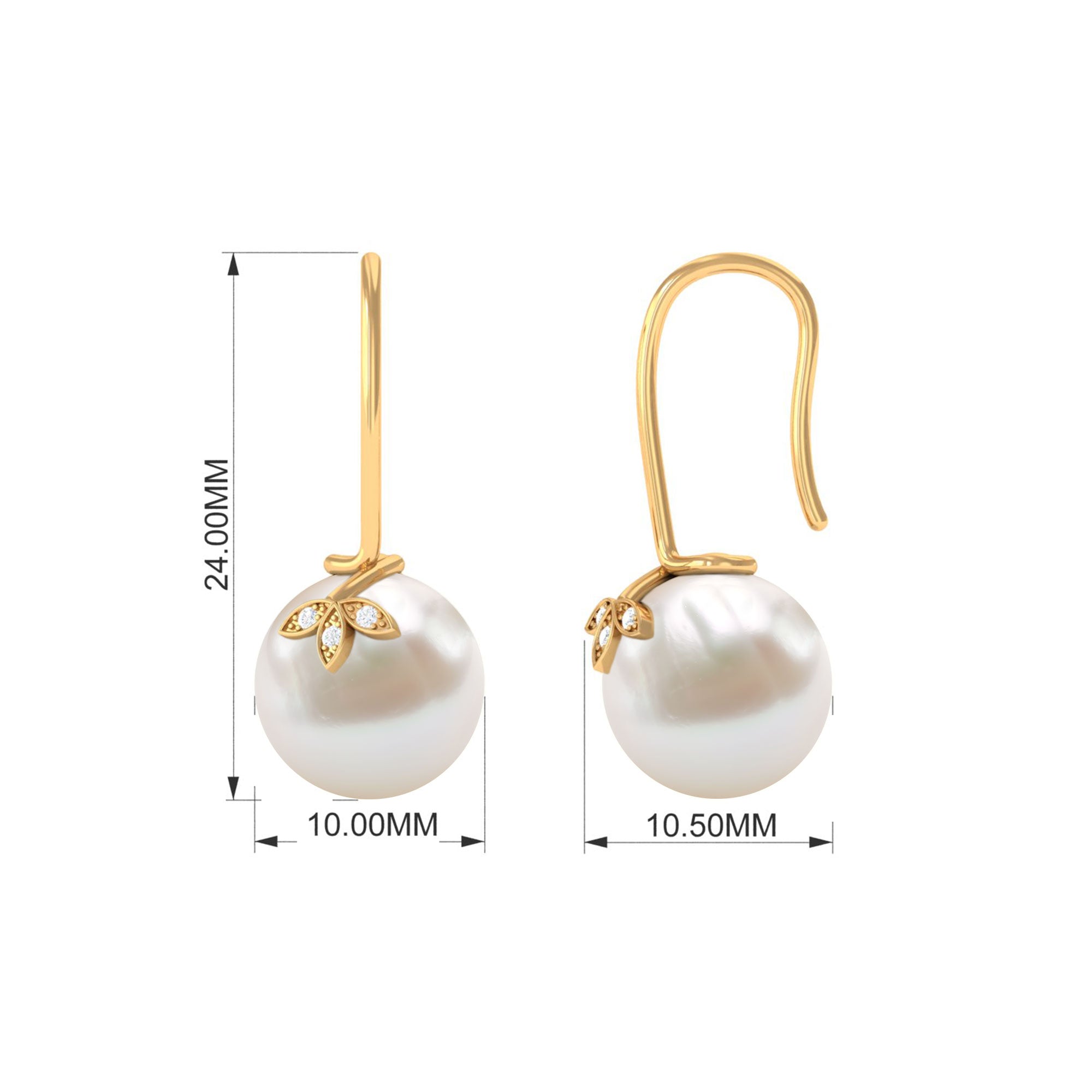 Designer Freshwater Pearl and Diamond Drop Earrings with Fish Hook Freshwater Pearl - ( AAA ) - Quality - Rosec Jewels