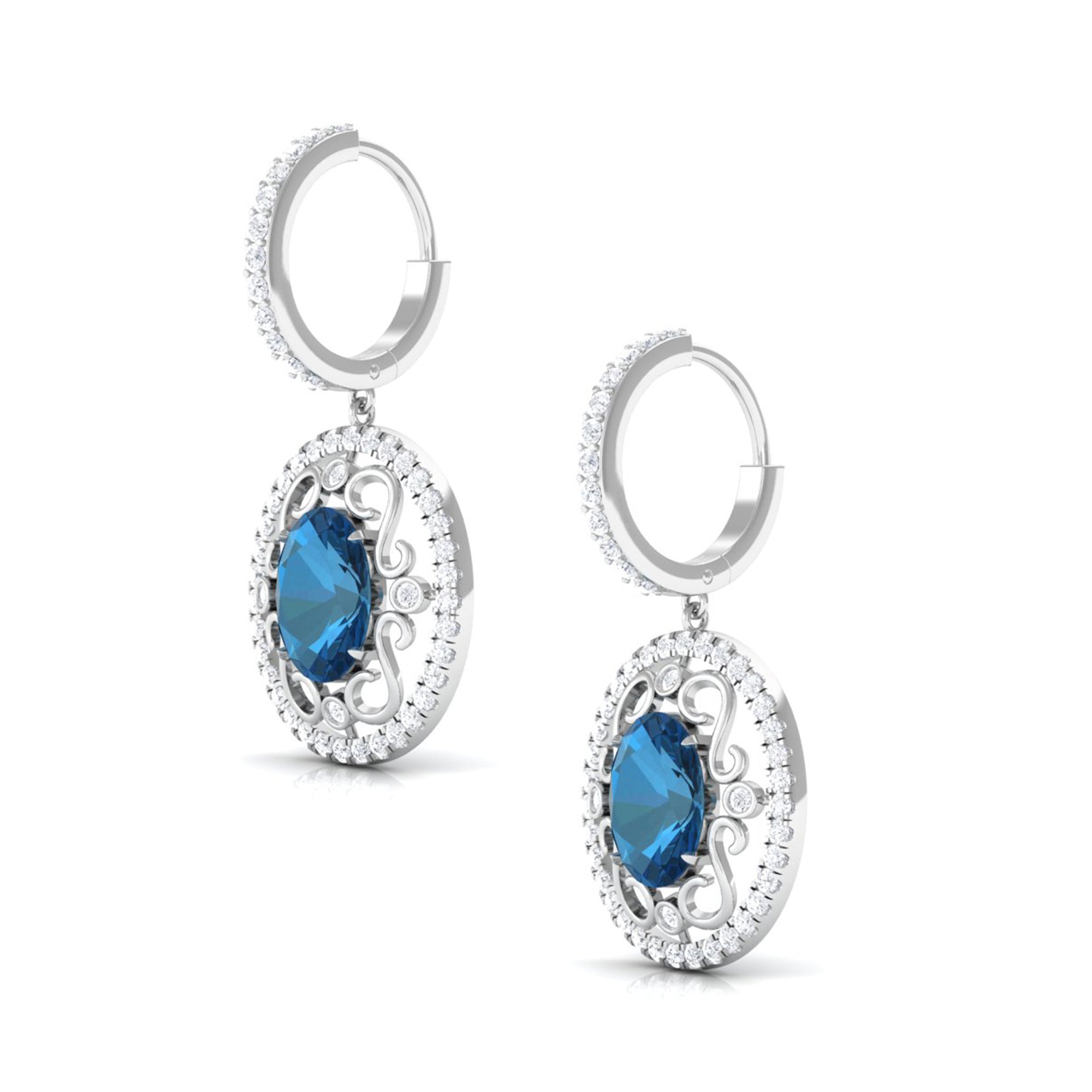 Vintage Style London Blue Topaz Hoop Drop Earrings with Diamond London Blue Topaz - ( AAA ) - Quality - Rosec Jewels