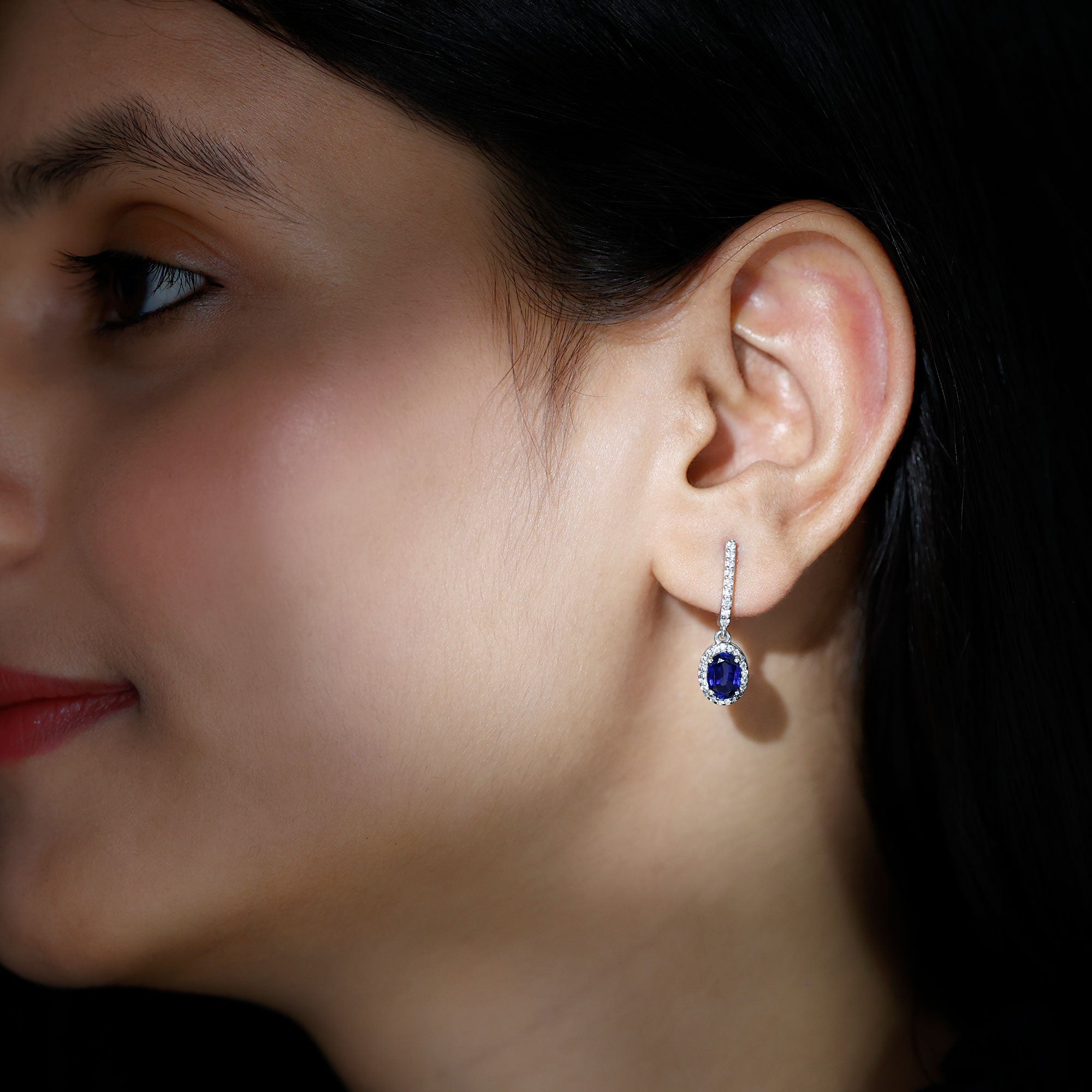 2.5 CT Silver Hoop Drop Earrings with Created Blue Sapphire and Moissanite Halo - Rosec Jewels