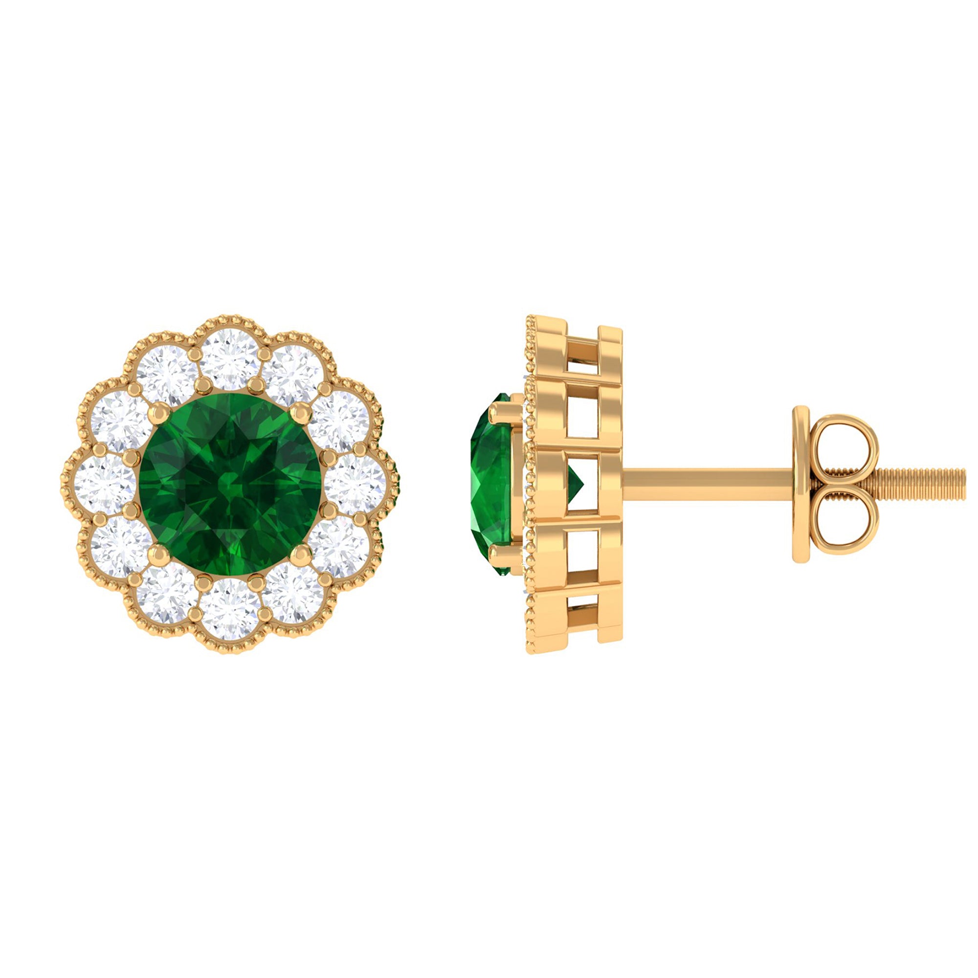 Lab Created Emerald Floral Halo Stud Earrings with Diamond Lab Created Emerald - ( AAAA ) - Quality - Rosec Jewels