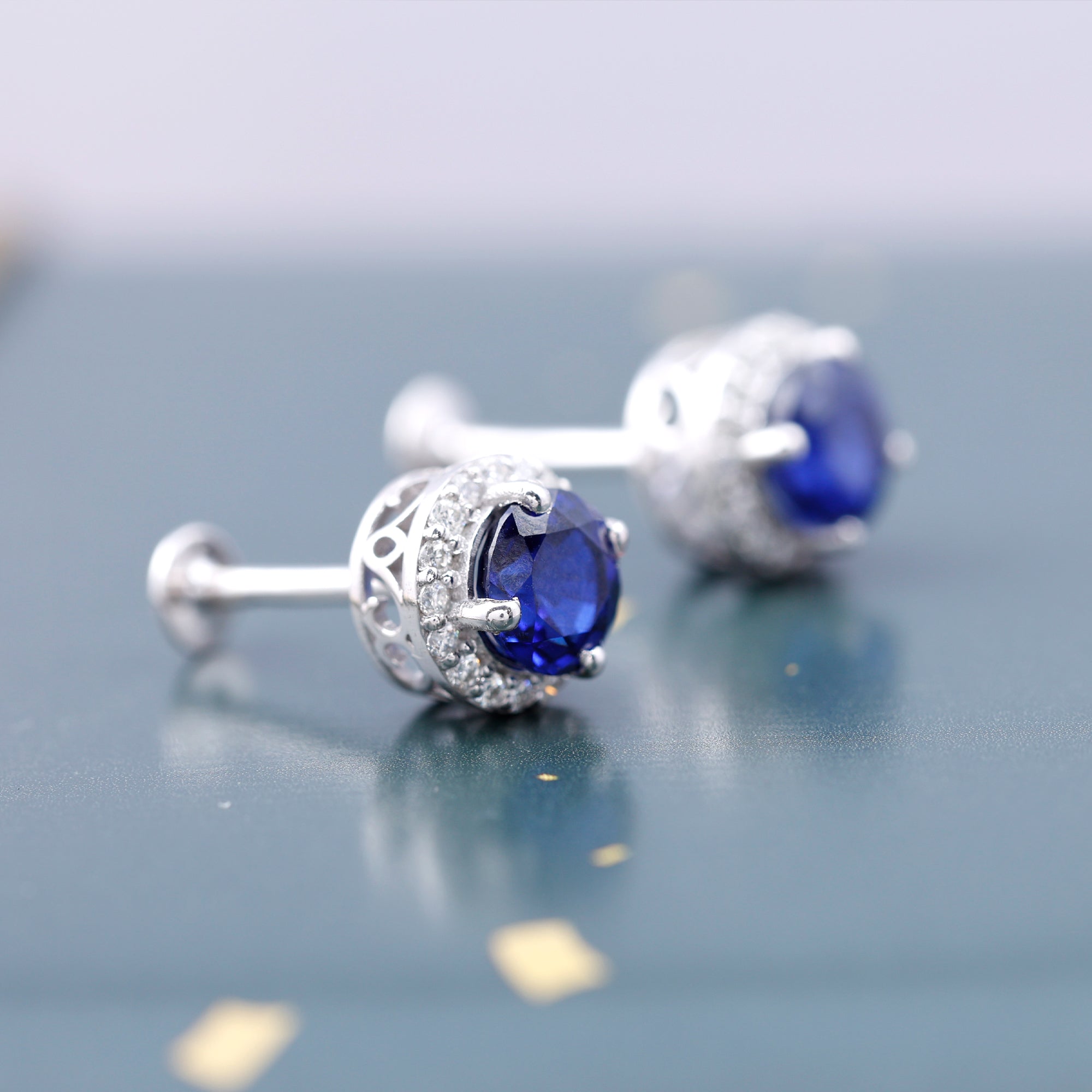 Round Created Blue Sapphire Halo Silver Stud Earrings with Moissanite Lab Created Blue Sapphire - ( AAAA ) - Quality 92.5 Sterling Silver - Rosec Jewels