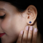 Round Created Blue Sapphire Halo Stud Earrings with Moissanite Lab Created Blue Sapphire - ( AAAA ) - Quality - Rosec Jewels