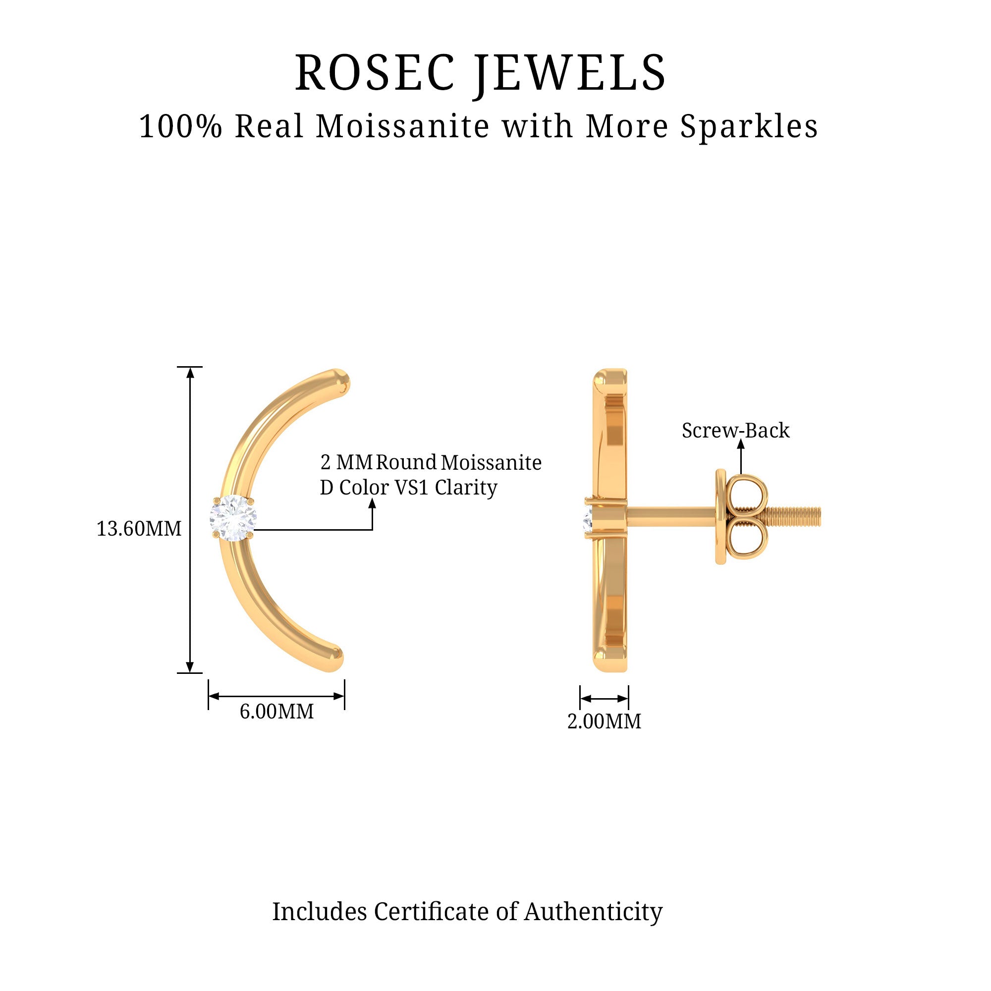 Certified Moissanite Curved Stud Earrings Moissanite - ( D-VS1 ) - Color and Clarity - Rosec Jewels