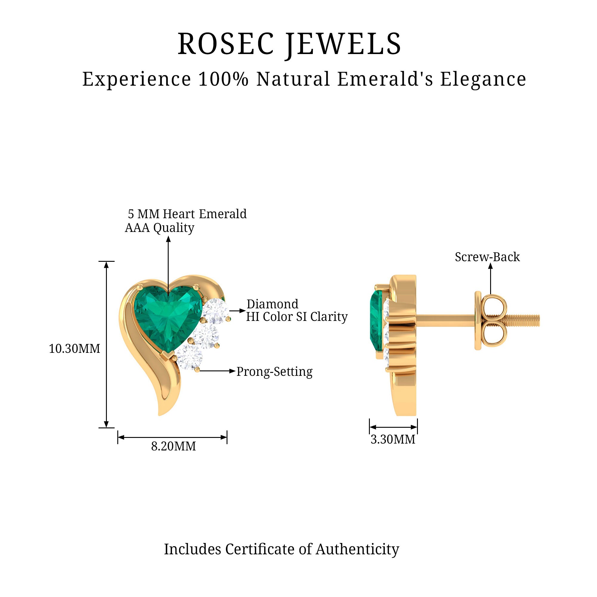 1.25 CT Emerald and Diamond Heart Stud Earrings Emerald - ( AAA ) - Quality - Rosec Jewels