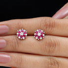 Pear Cut Ruby and Diamond Flower Stud Earrings Ruby - ( AAA ) - Quality - Rosec Jewels