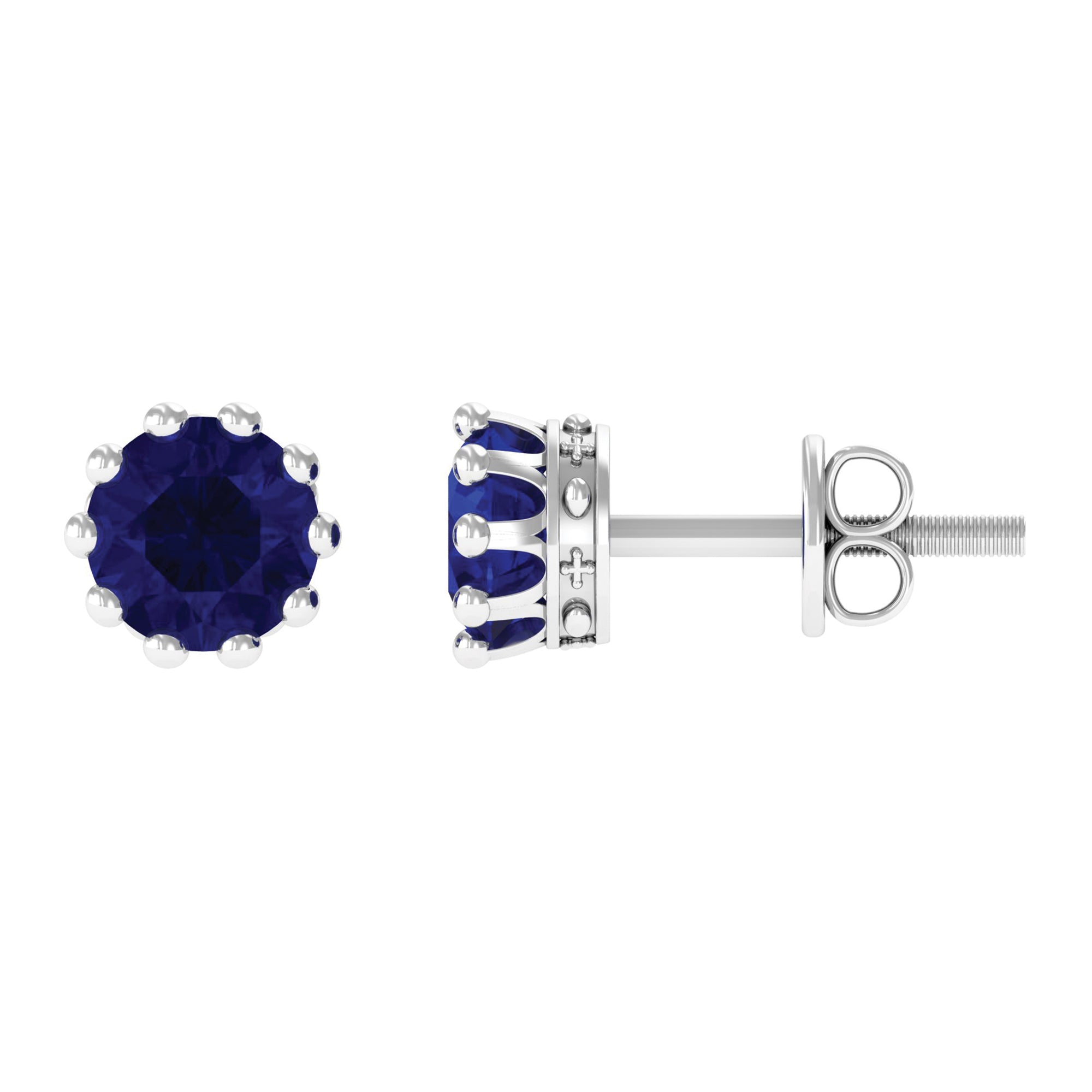 2 CT Blue Sapphire Solitaire Stud Earrings in Crown Setting Blue Sapphire - ( AAA ) - Quality - Rosec Jewels