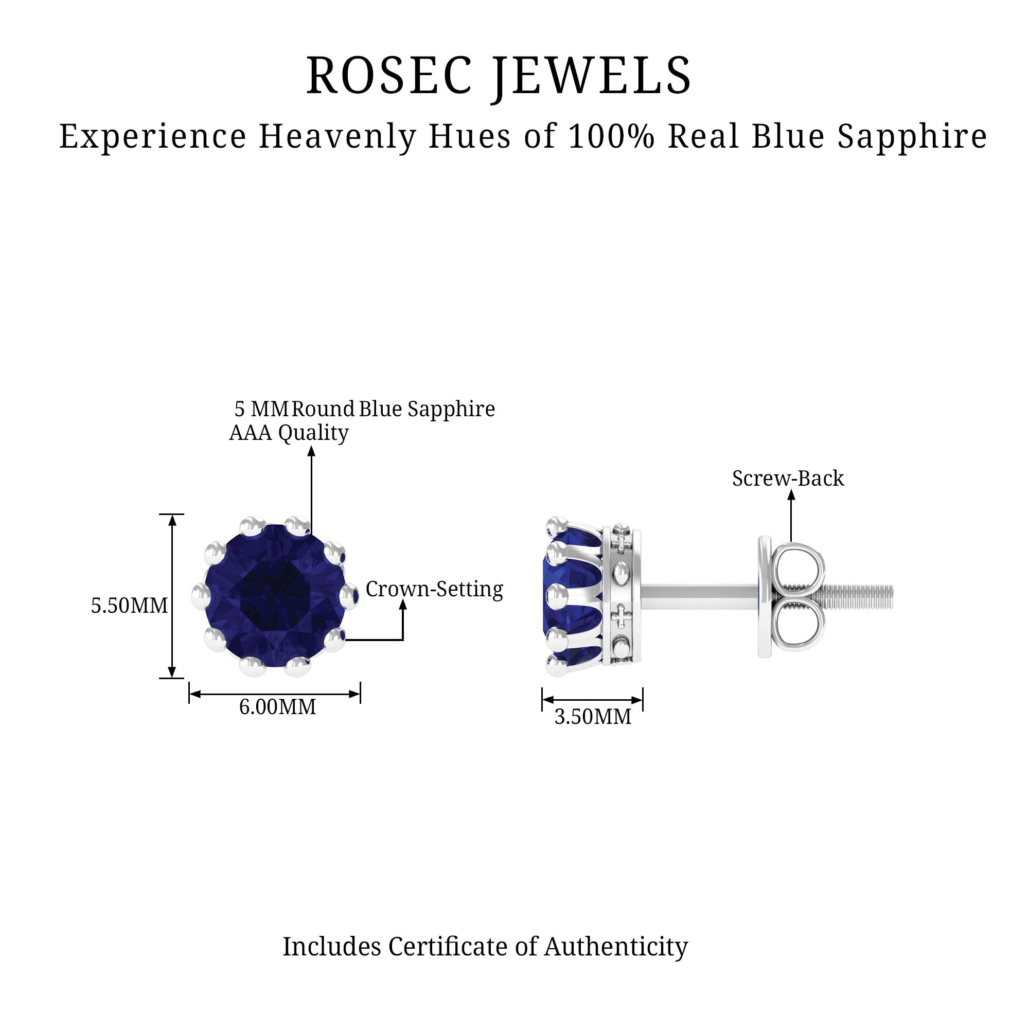 2 CT Blue Sapphire Solitaire Stud Earrings in Crown Setting Blue Sapphire - ( AAA ) - Quality - Rosec Jewels