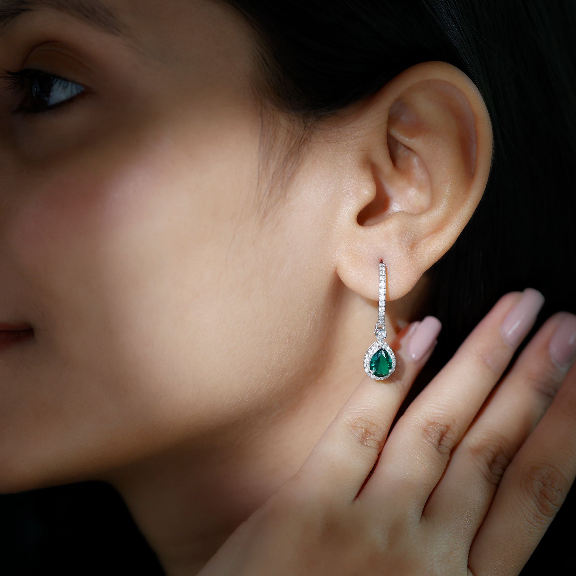 2.75 CT Dangle Hoop Earrings with Created Emerald and Moissanite Halo Lab Created Emerald - ( AAAA ) - Quality - Rosec Jewels