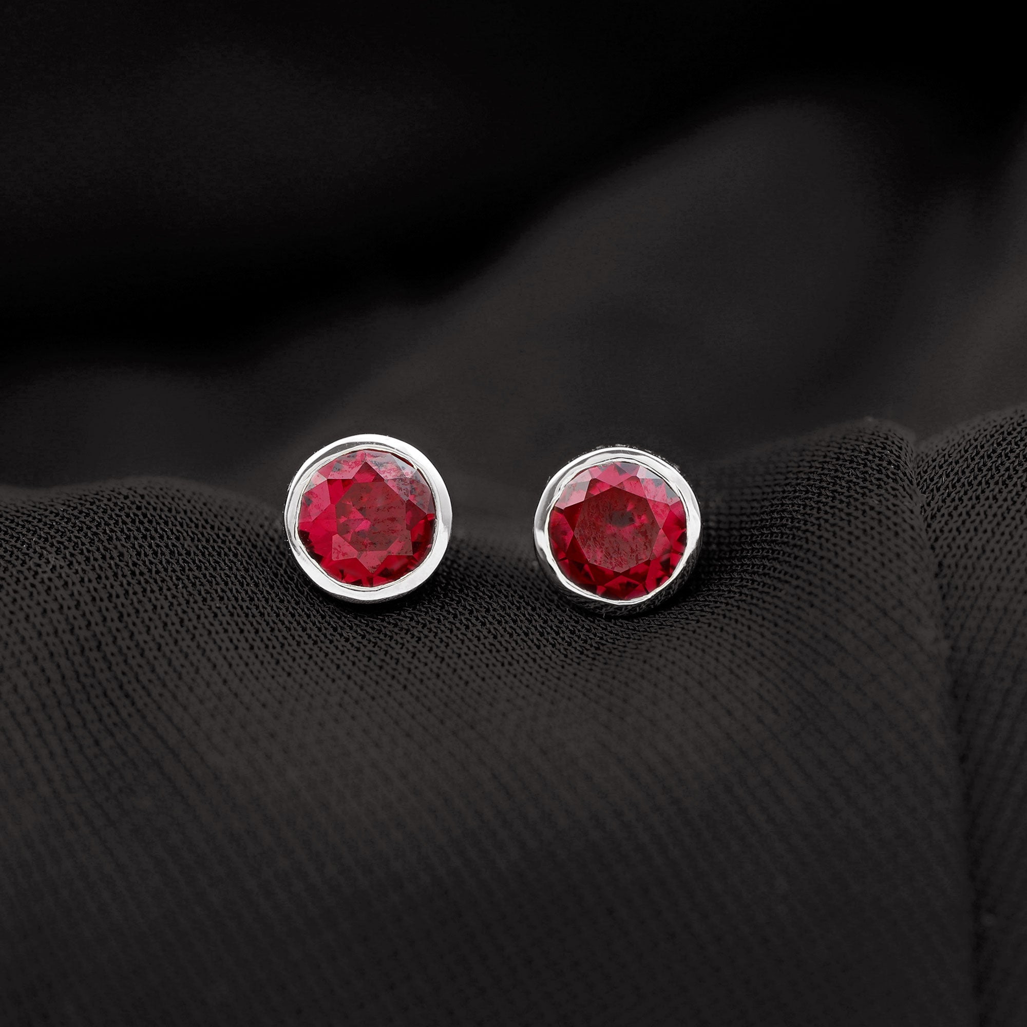 Rosec Jewels-Created Ruby Solitaire Stud Earrings in Bezel Setting