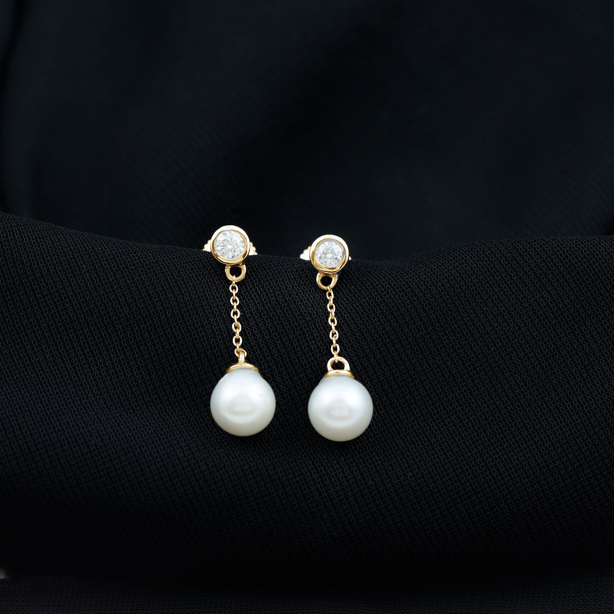 7 MM Freshwater Pearl Drop and Diamond Chain Earrings Freshwater Pearl - ( AAA ) - Quality - Rosec Jewels