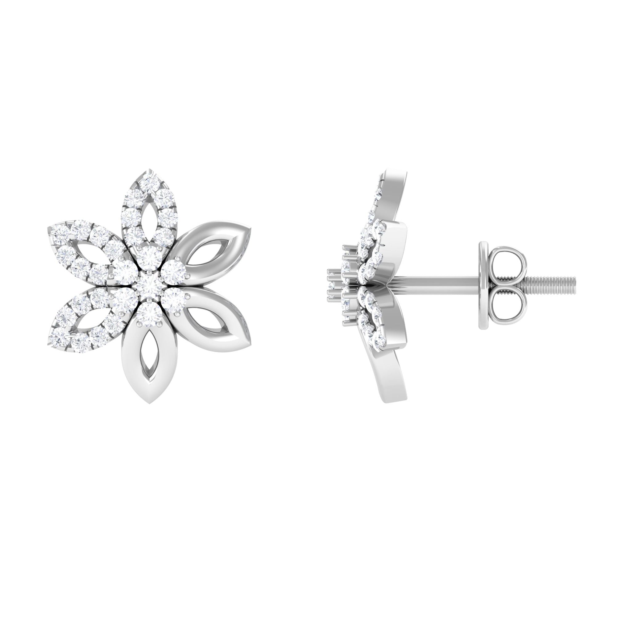 Cubic Zirconia Flower Stud Earrings with Screw Back Zircon - ( AAAA ) - Quality - Rosec Jewels