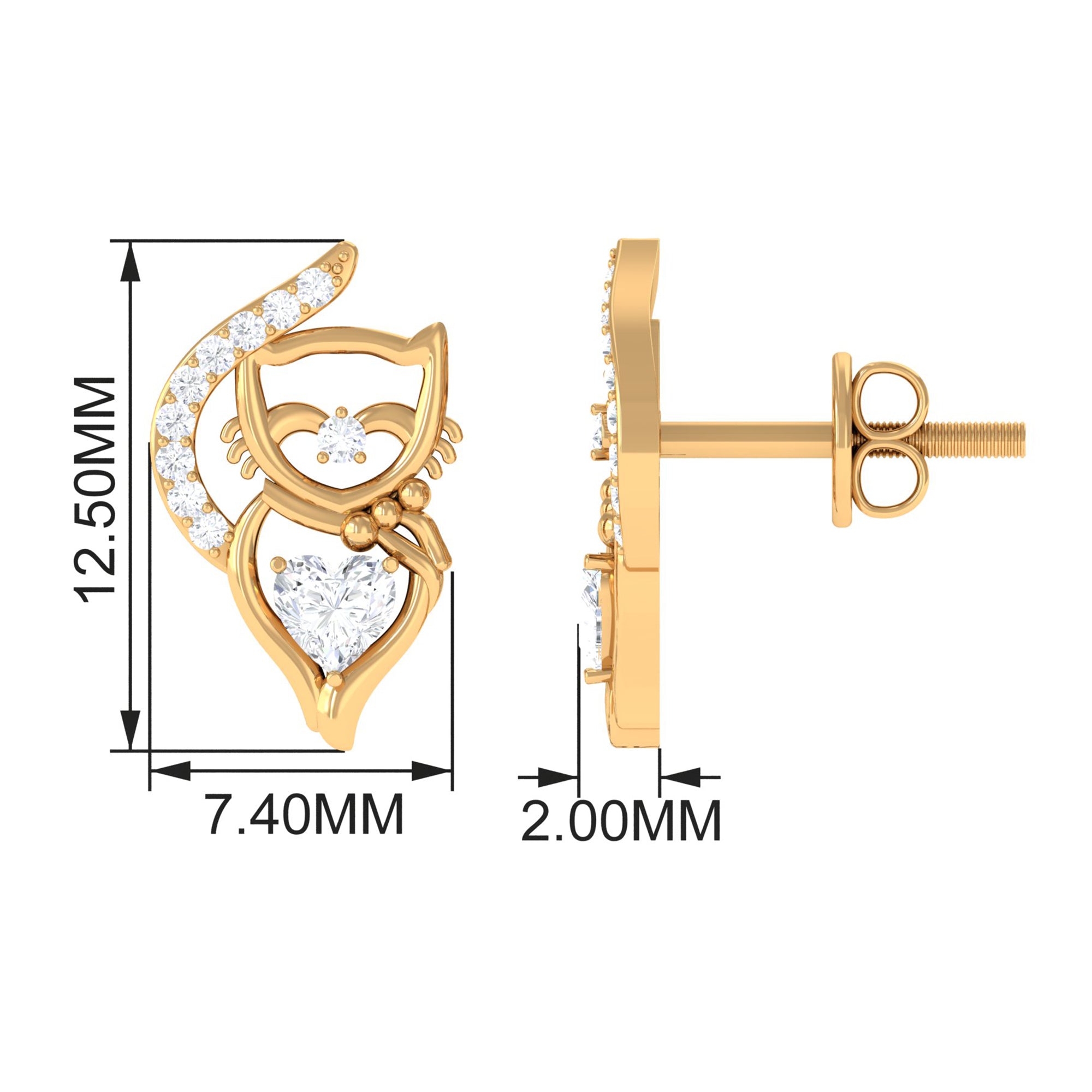 Classic Zircon and Gold Cat Stud Earrings Zircon - ( AAAA ) - Quality - Rosec Jewels