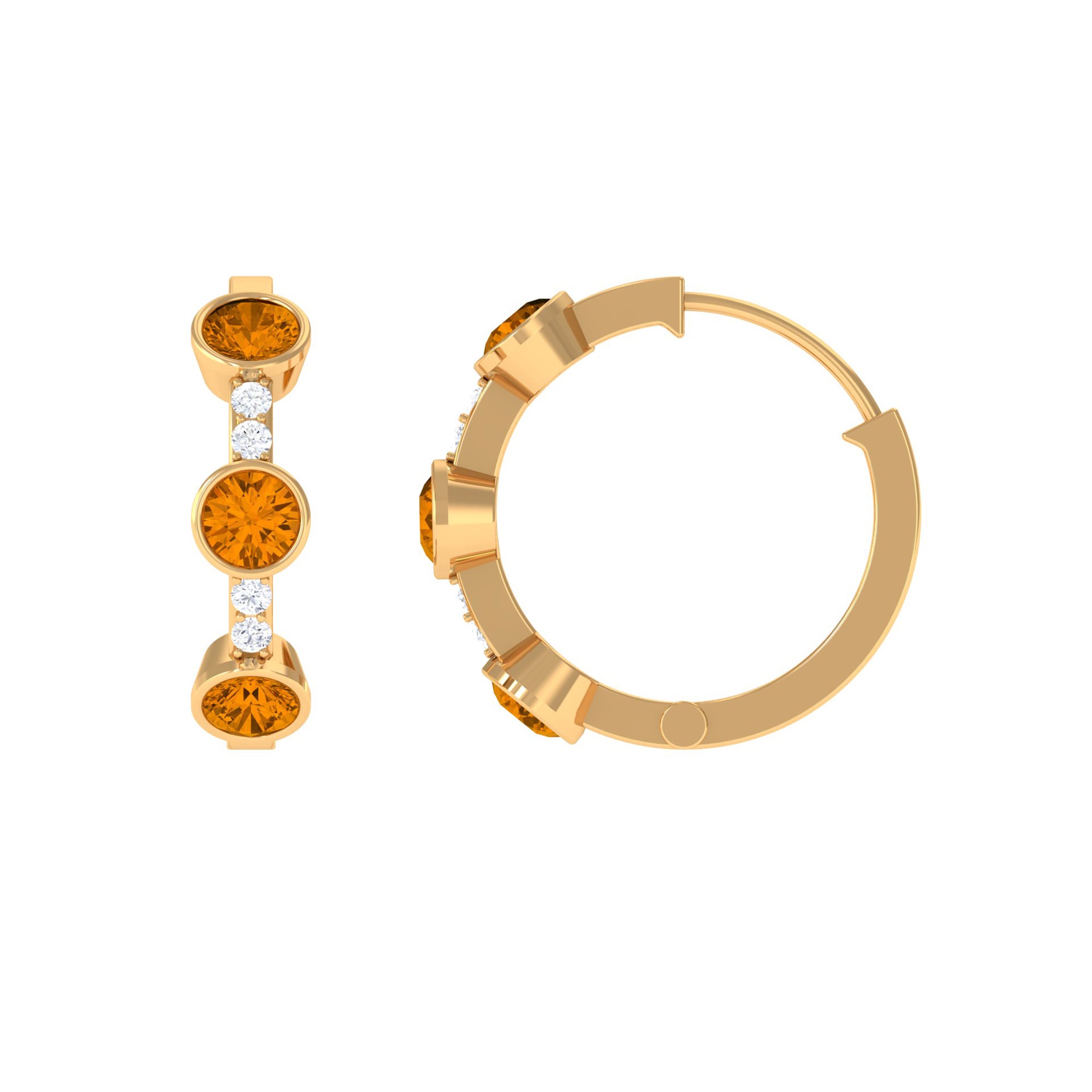 Bezel Set Citrine 3 Stone Hinged Hoop Earrings with Diamond Citrine - ( AAA ) - Quality - Rosec Jewels