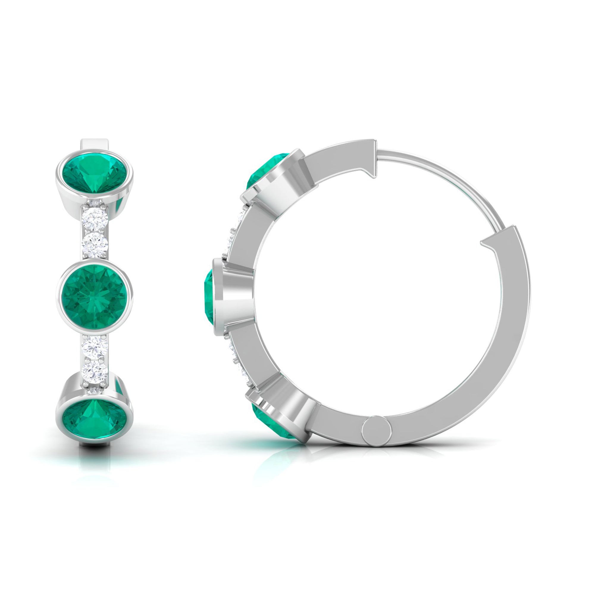 Bezel Set Emerald 3 Stone Hinged Hoop Earrings with Diamond Emerald - ( AAA ) - Quality - Rosec Jewels