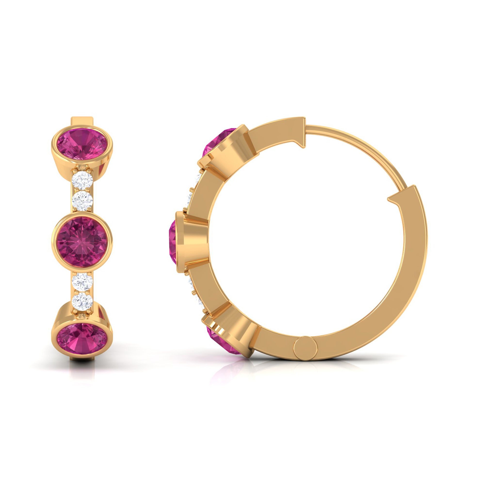 Bezel Set Pink Tourmaline 3 Stone Hinged Hoop Earrings with Diamond Pink Tourmaline - ( AAA ) - Quality - Rosec Jewels