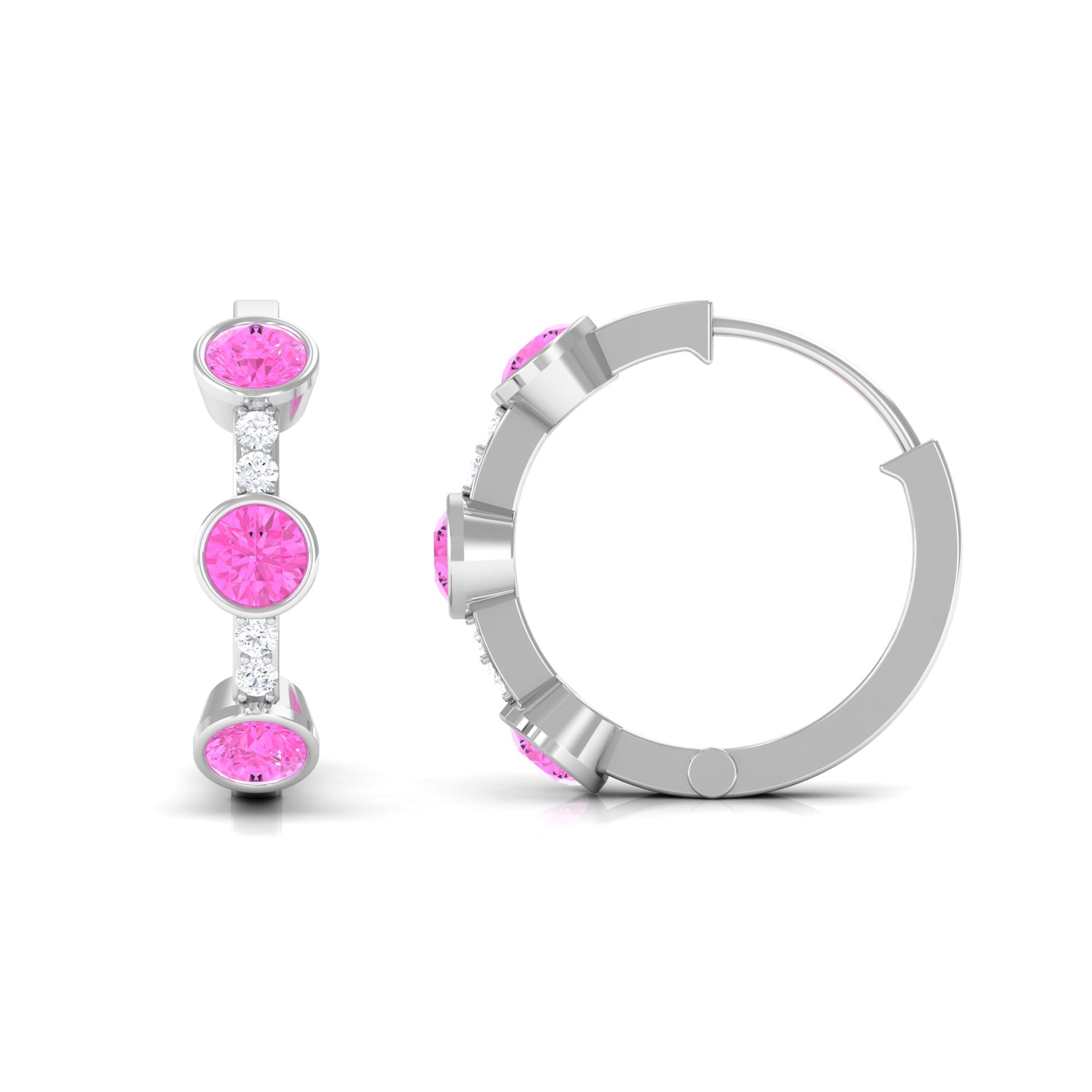 Bezel Set Pink Sapphire 3 Stone Hinged Hoop Earrings with Diamond Pink Sapphire - ( AAA ) - Quality - Rosec Jewels