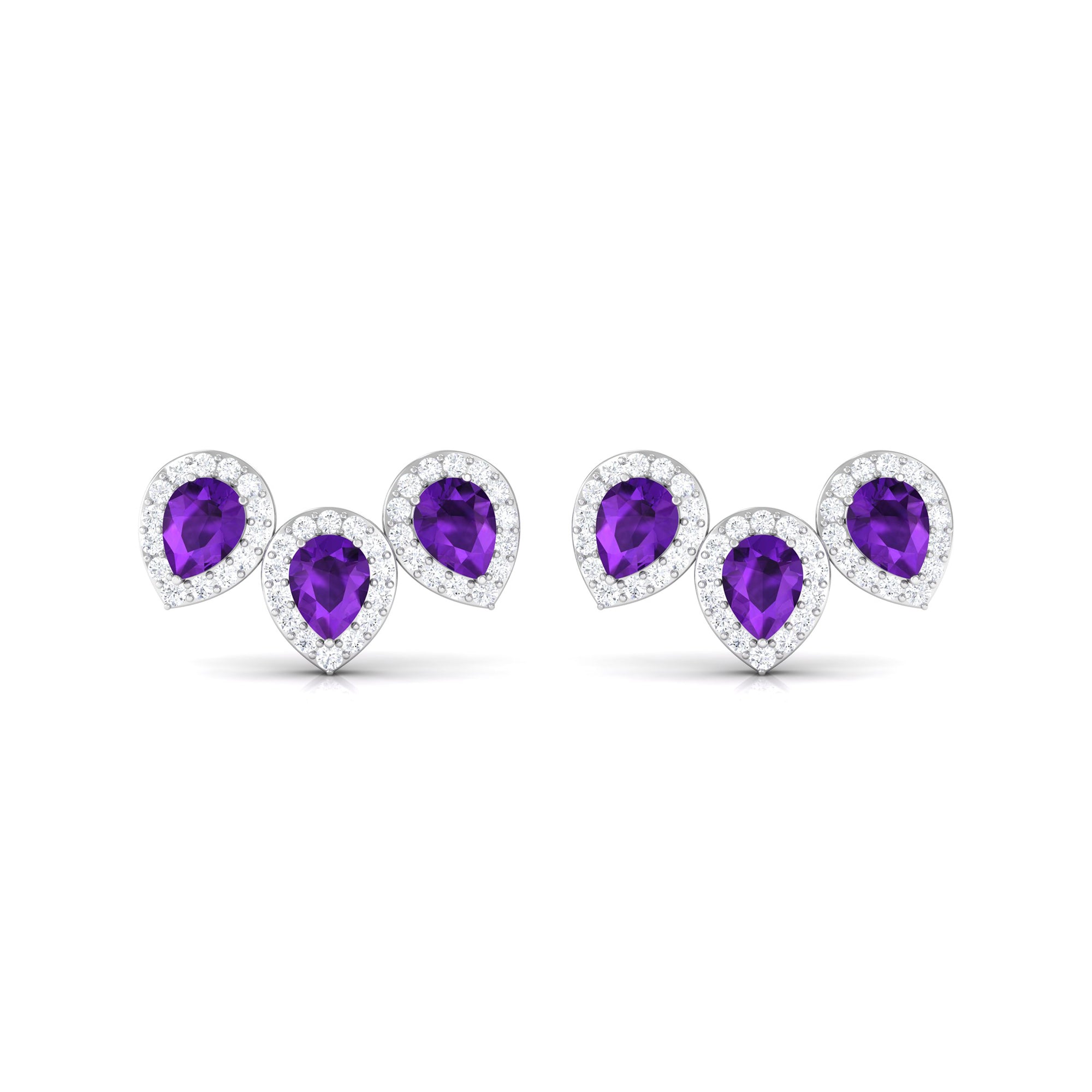 Pear Cut Amethyst 3 Stone Stud Earring with Diamond Halo Amethyst - ( AAA ) - Quality - Rosec Jewels