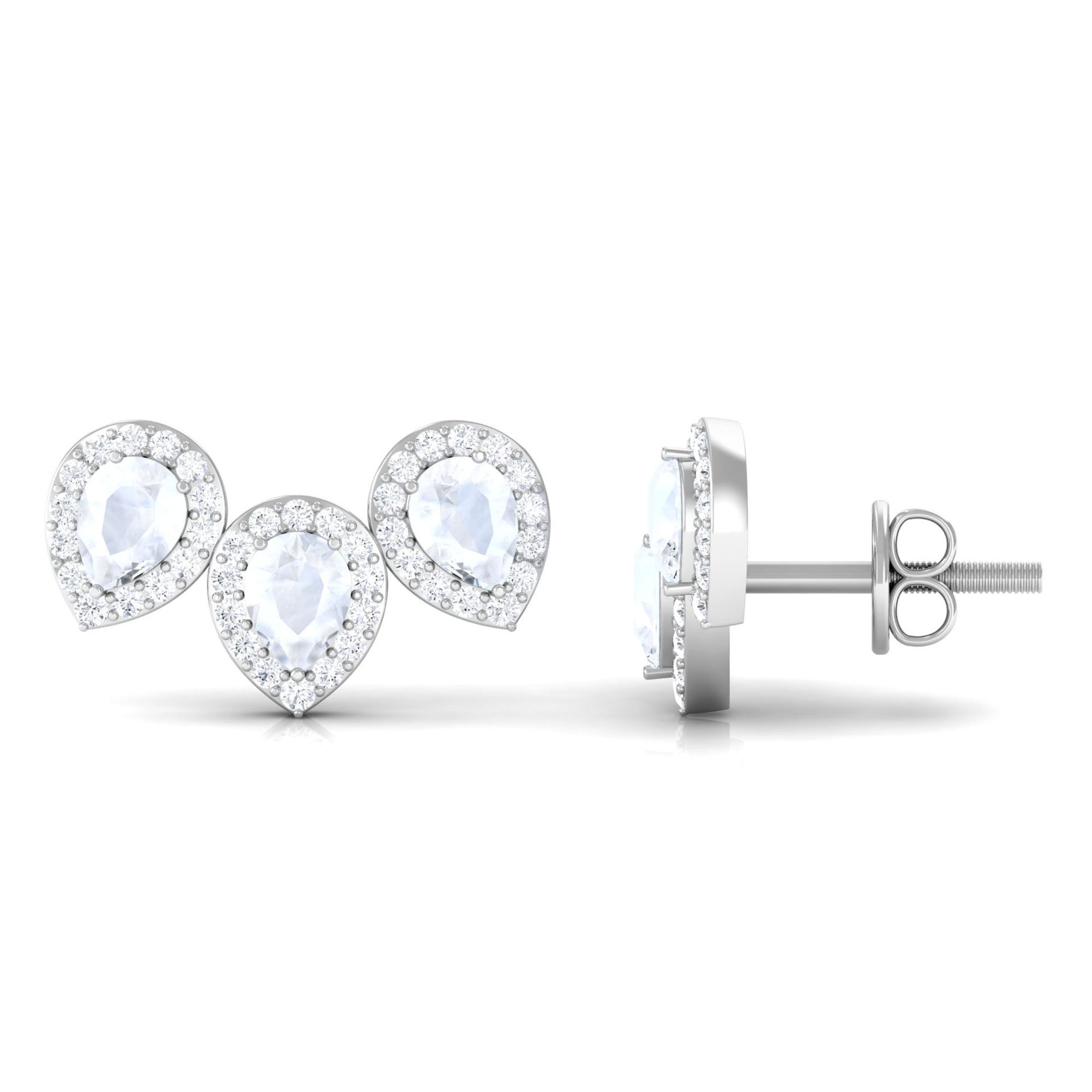 Pear Shape Moonstone Three Stone Bridal Stud Earrings with Diamond Halo Moonstone - ( AAA ) - Quality - Rosec Jewels