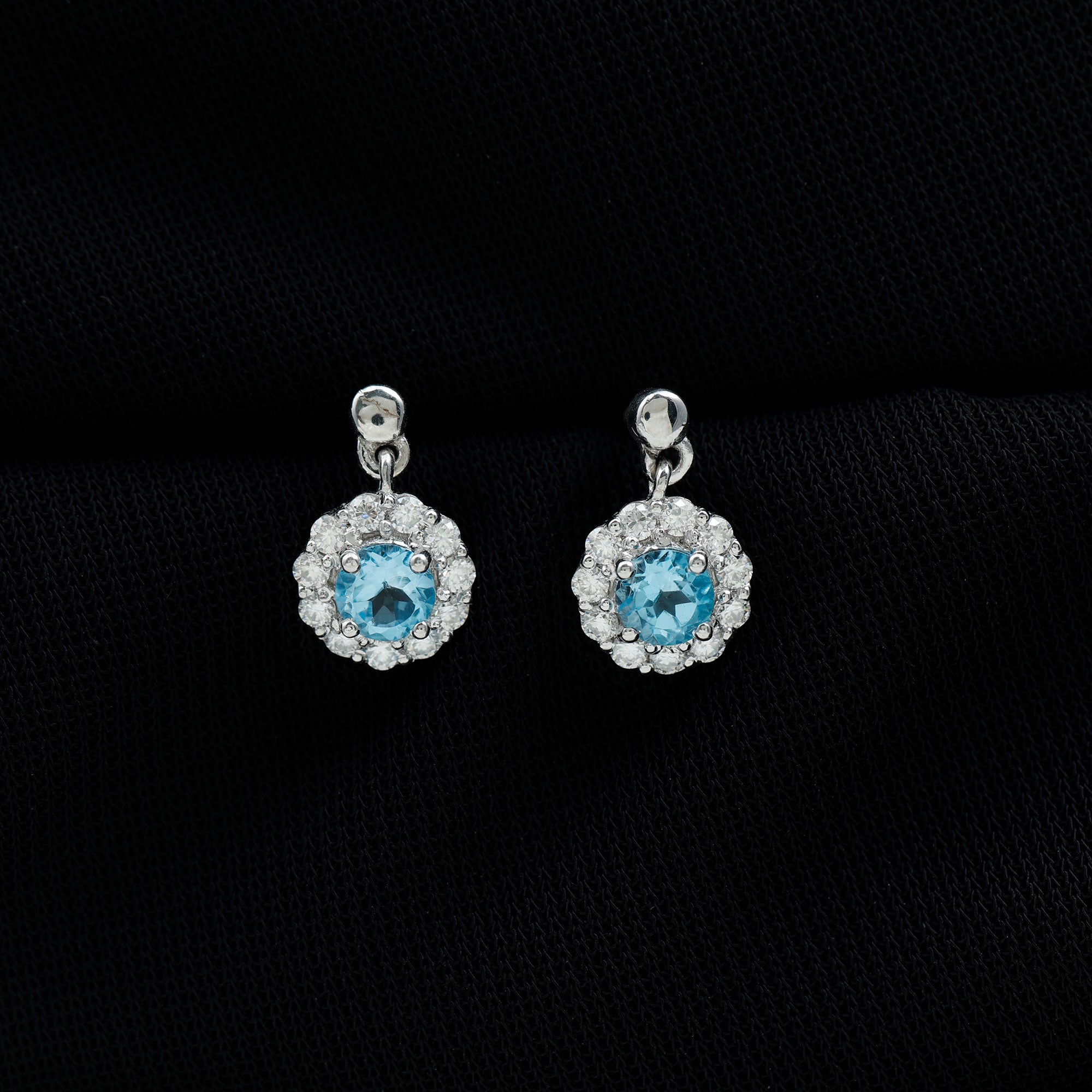 1 CT Real Swiss Blue Topaz and Diamond Flower Halo Drop Silver Earrings Swiss Blue Topaz - ( AAA ) - Quality 92.5 Sterling Silver - Rosec Jewels