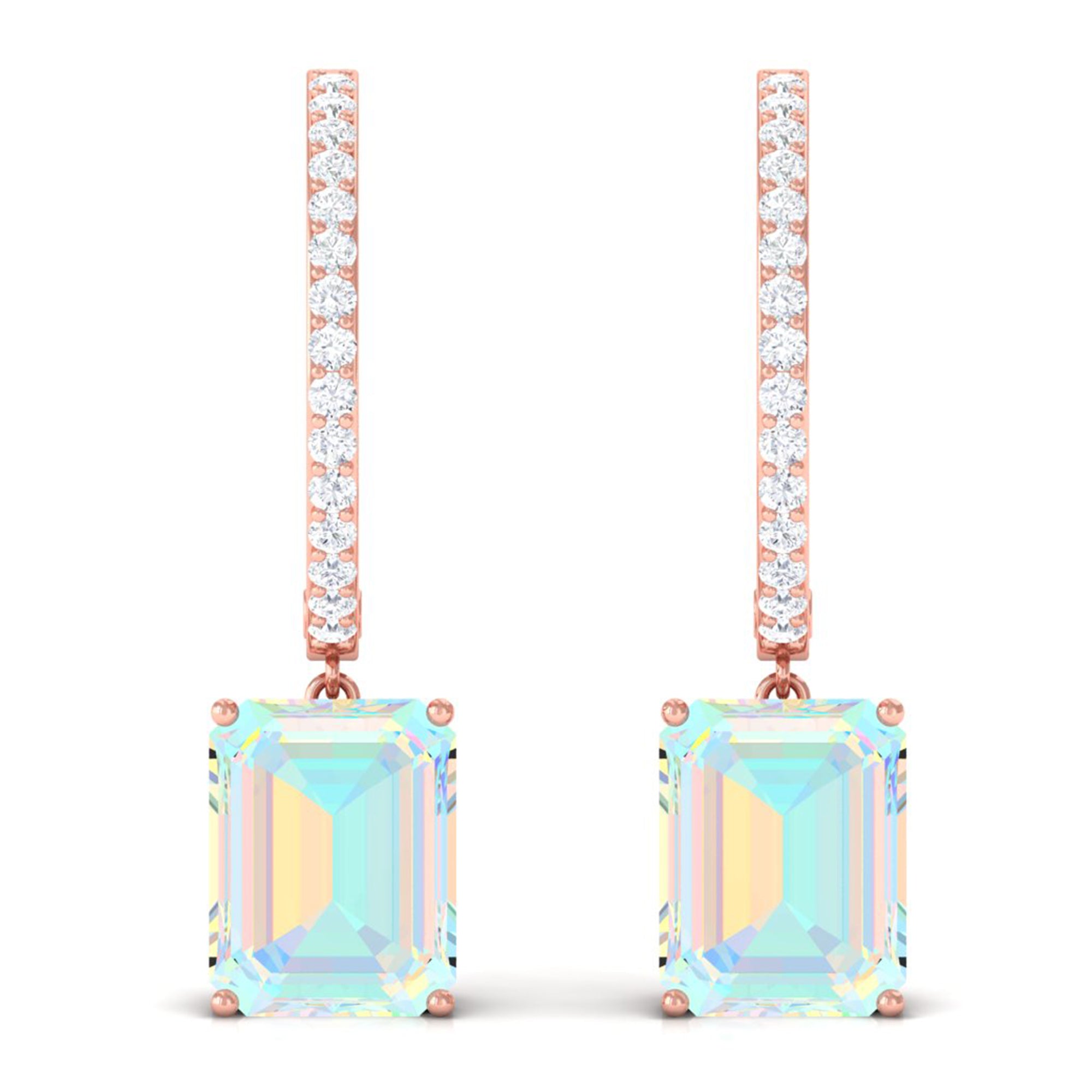 Emerald Cut Ethiopian Opal Minimal Hinged Hoop Drop Earrings with Moissanite Ethiopian Opal - ( AAA ) - Quality - Rosec Jewels