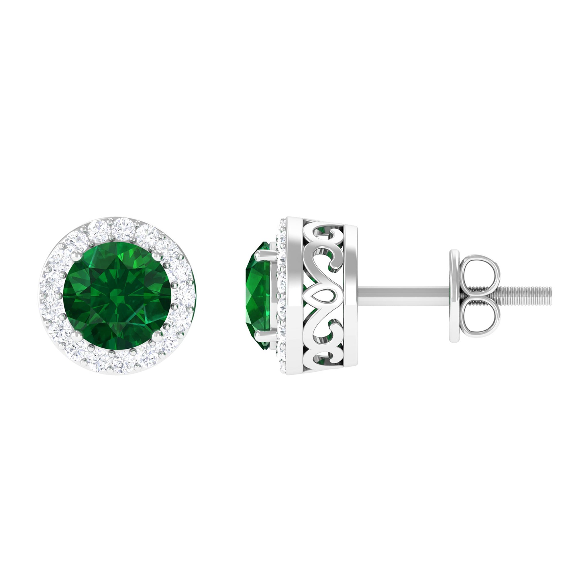 Created Emerald and Diamond Classic Halo Stud Earrings Lab Created Emerald - ( AAAA ) - Quality - Rosec Jewels