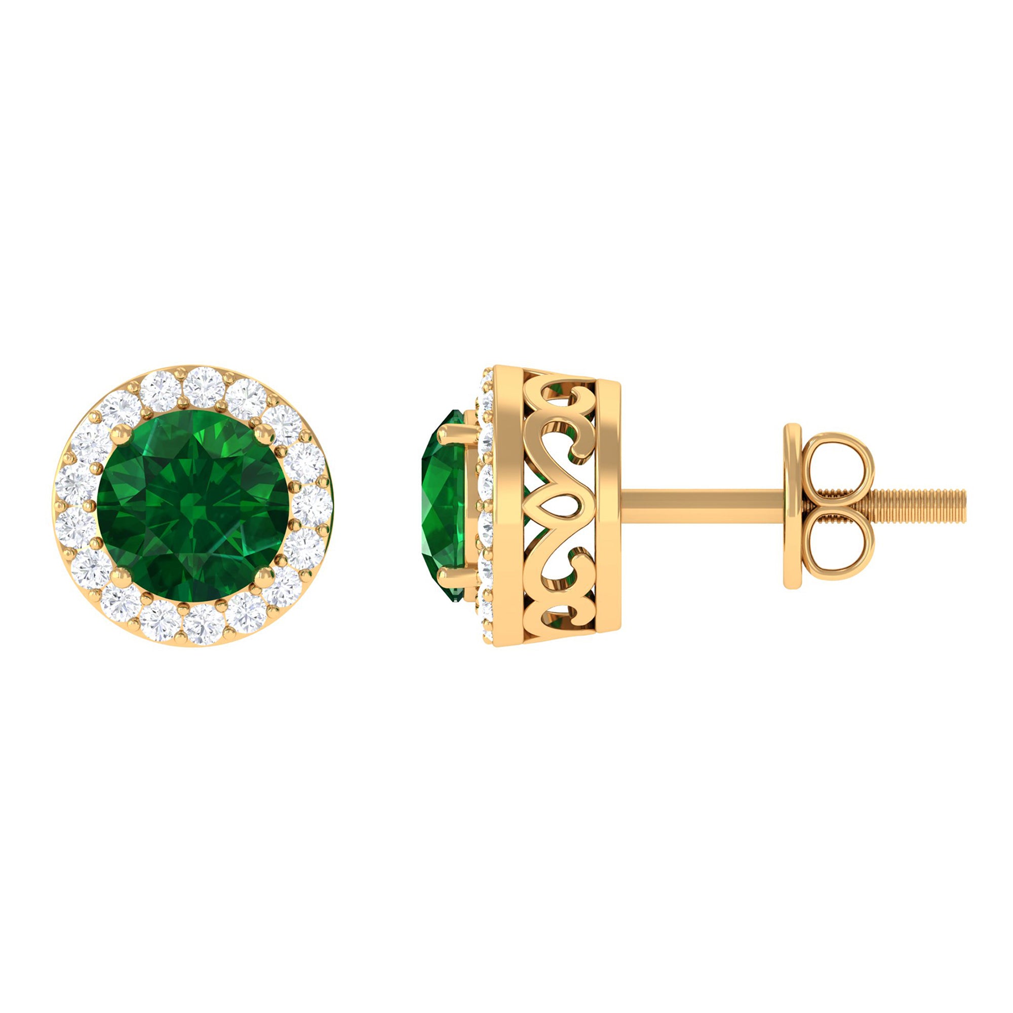 Created Emerald and Diamond Classic Halo Stud Earrings Lab Created Emerald - ( AAAA ) - Quality - Rosec Jewels