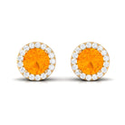 Round Fire Opal Minimal Halo Stud Earrings with Diamond Fire Opal - ( AAA ) - Quality - Rosec Jewels