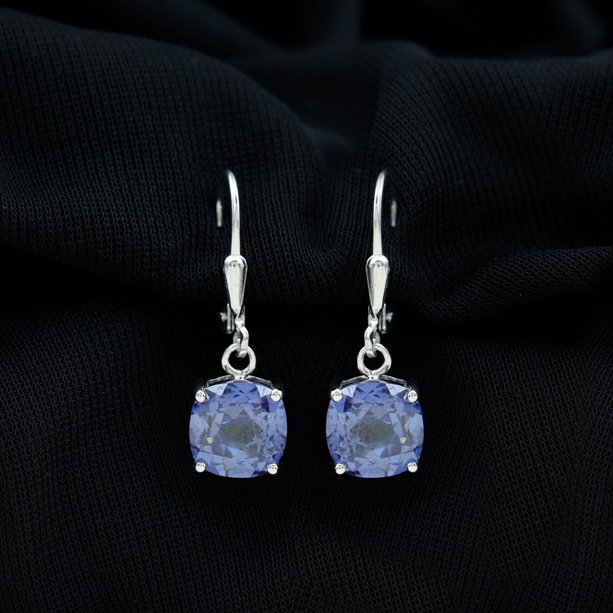 8 MM Cushion Cut Lab-Created Tanzanite Solitaire Drop Earrings Lab Created Tanzanite - ( AAAA ) - Quality - Rosec Jewels