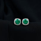 Classic Created Emerald Halo Silver Stud Earrings with Moissanite Lab Created Emerald - ( AAAA ) - Quality 92.5 Sterling Silver - Rosec Jewels