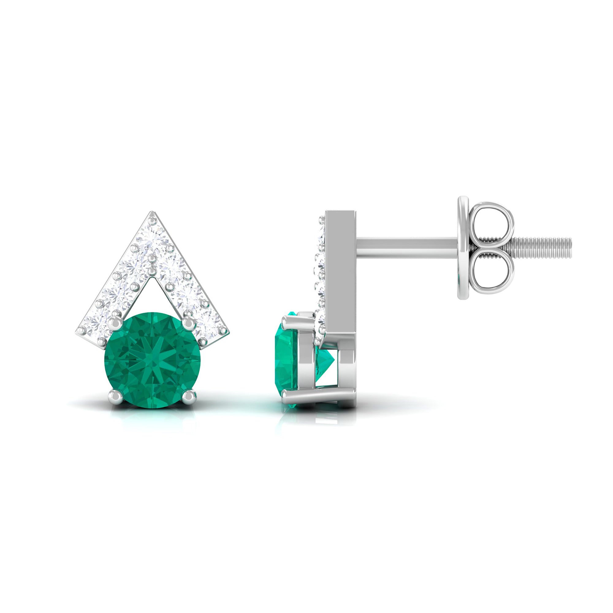 Emerald and Diamond Contemporary Stud Earrings Emerald - ( AAA ) - Quality - Rosec Jewels