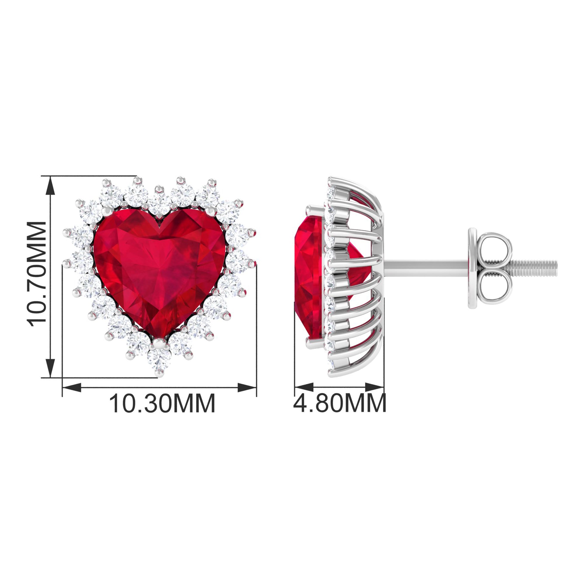 Heart Shape Created Ruby Stud Earrings with Diamond Halo Lab Created Ruby - ( AAAA ) - Quality - Rosec Jewels