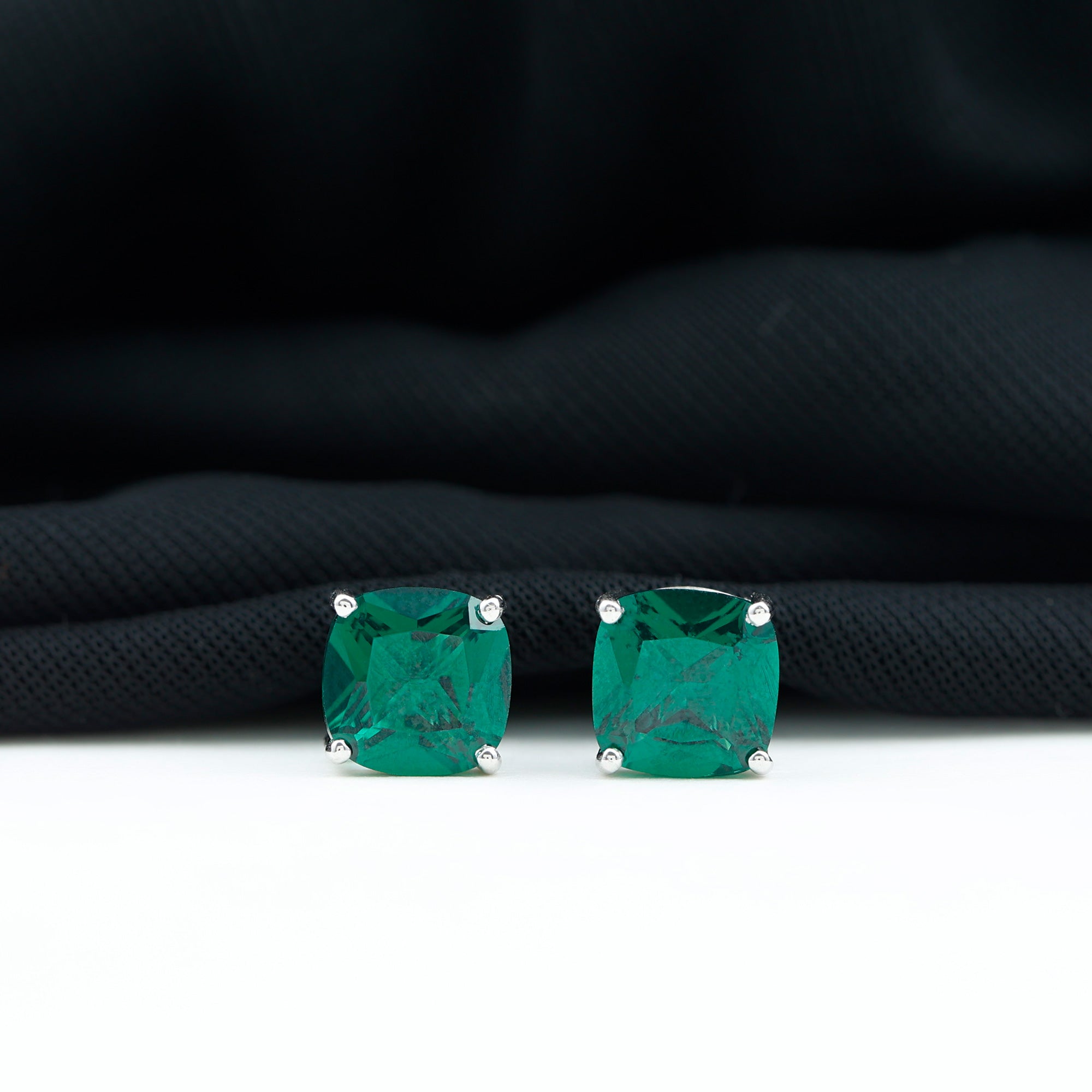 3 CT Cushion Cut Created Emerald Solitaire Stud Earring in Silver Lab Created Emerald - ( AAAA ) - Quality 92.5 Sterling Silver - Rosec Jewels