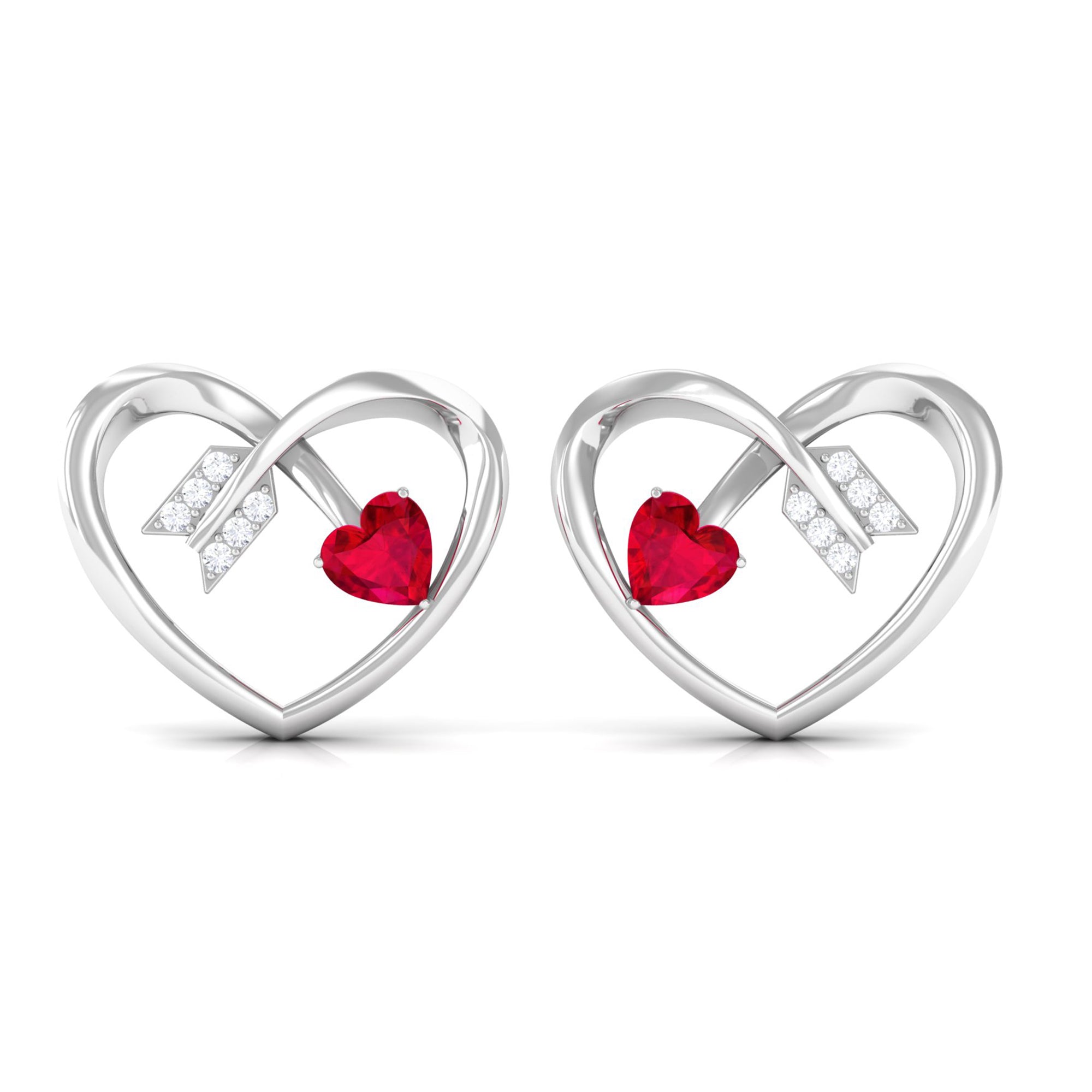 Heart Stud Earrings with Lab Created Ruby and Diamond Lab Created Ruby - ( AAAA ) - Quality - Rosec Jewels