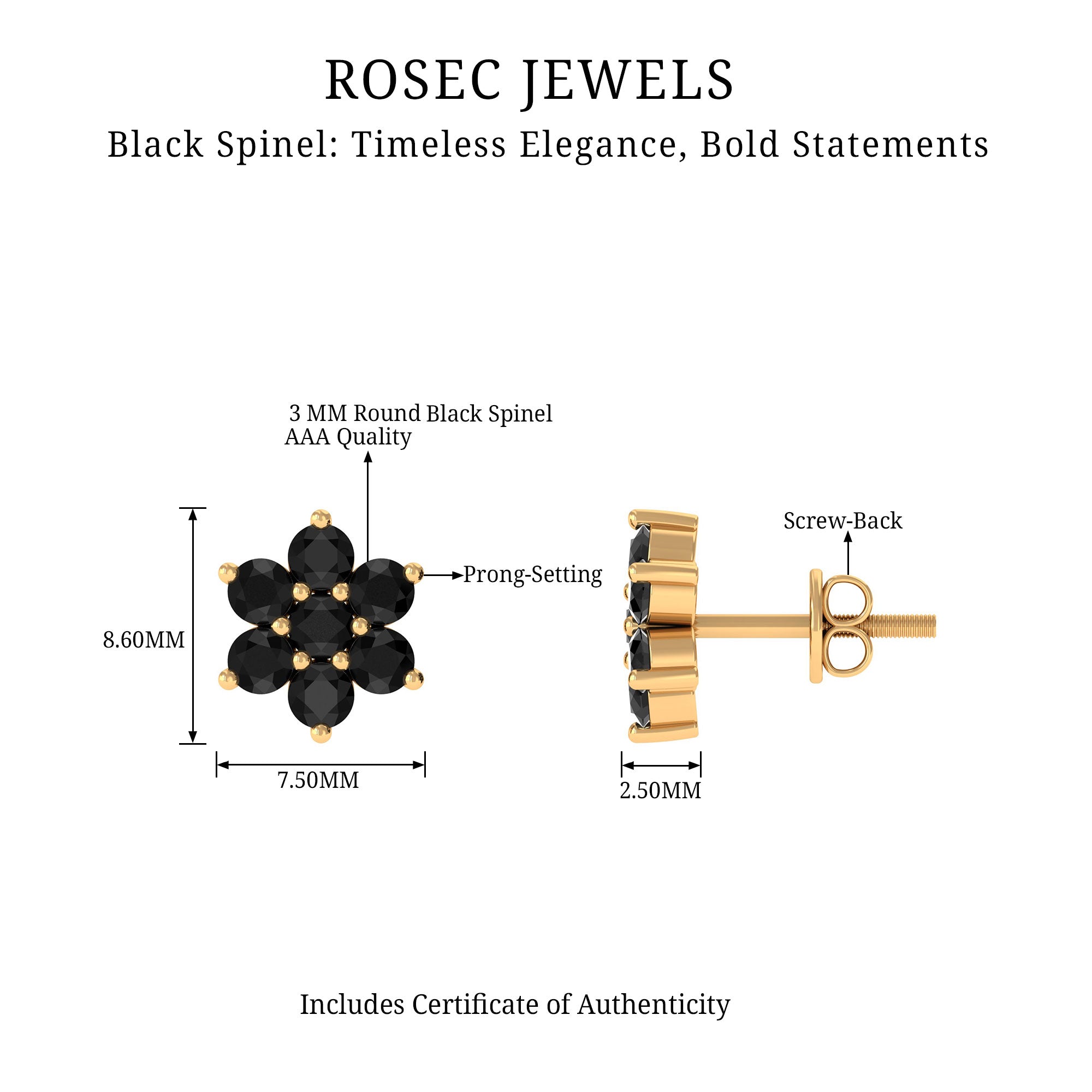 0.75 CT Black Spinel Floral Cluster Stud Earrings Black Spinel - ( AAA ) - Quality - Rosec Jewels