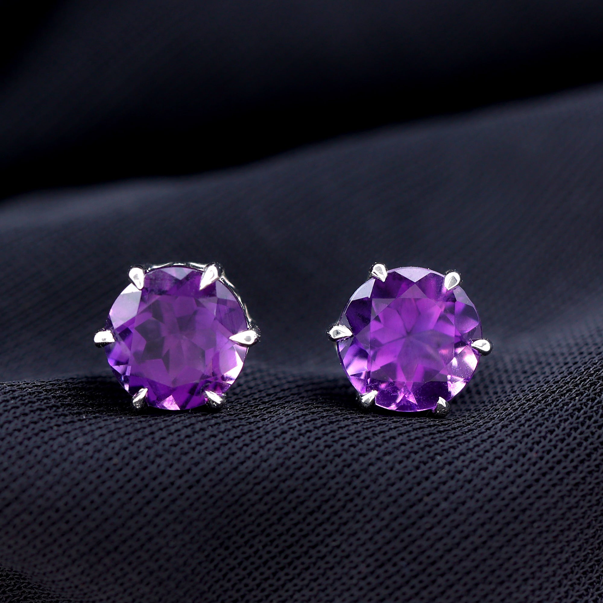 Solitaire Stud Earrings with Round Shaped Amethyst Amethyst - ( AAA ) - Quality - Rosec Jewels