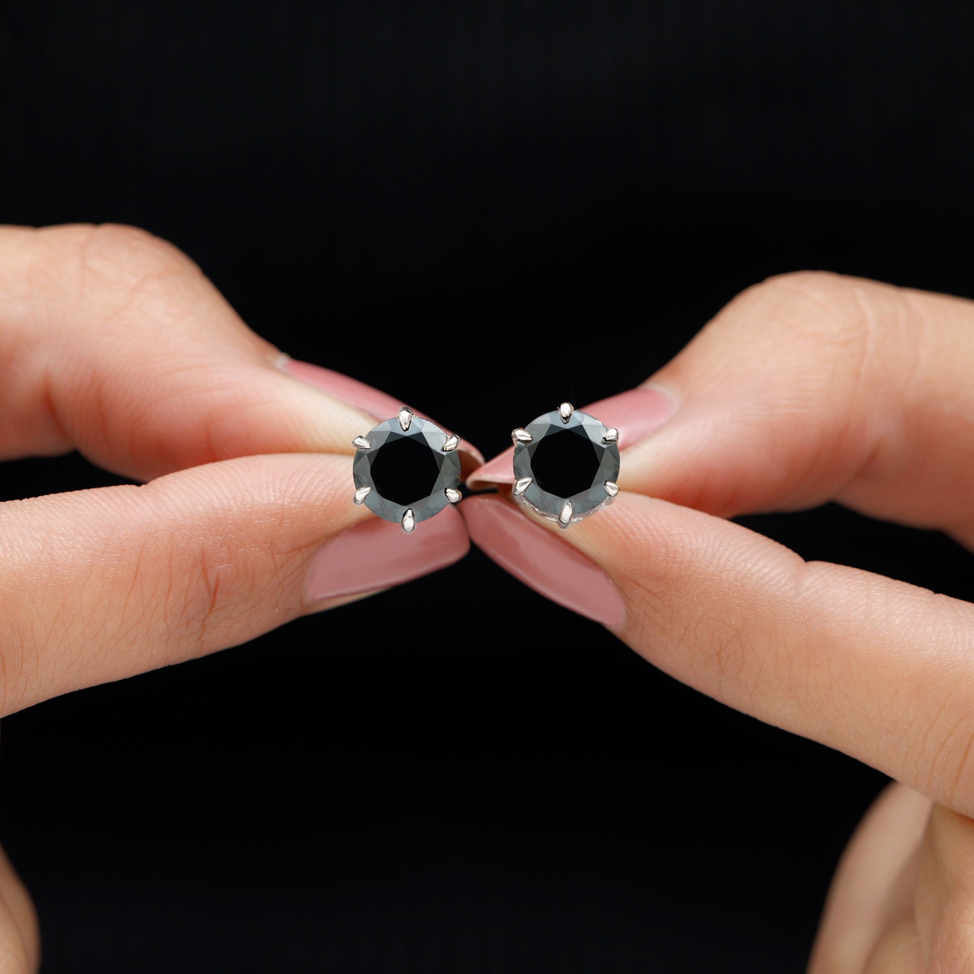 Black Onyx Solitaire Stud Earrings in Claw Setting Black Onyx - ( AAA ) - Quality - Rosec Jewels