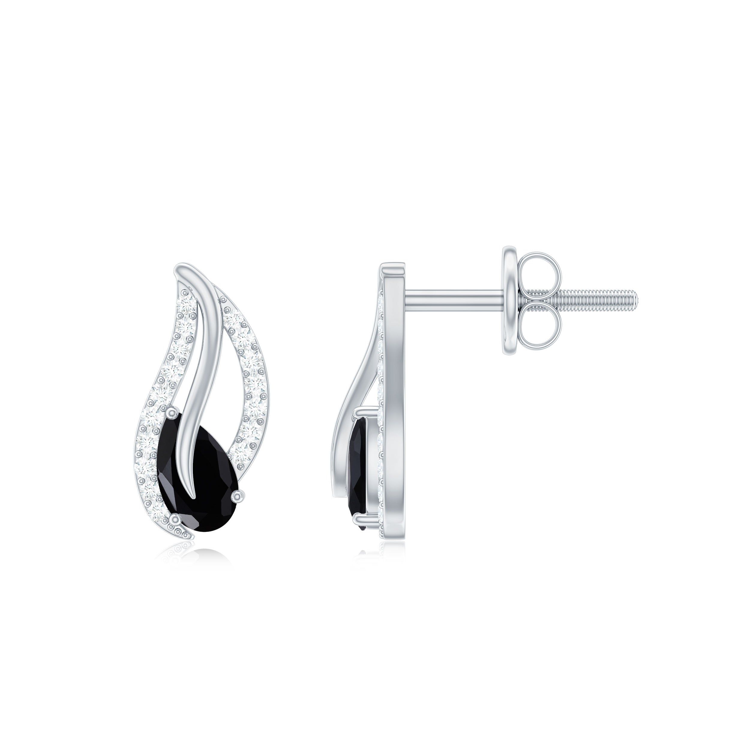 1/2 CT Pear Shape Black Spinel and Diamond Leaf Stud Earrings Black Spinel - ( AAA ) - Quality - Rosec Jewels