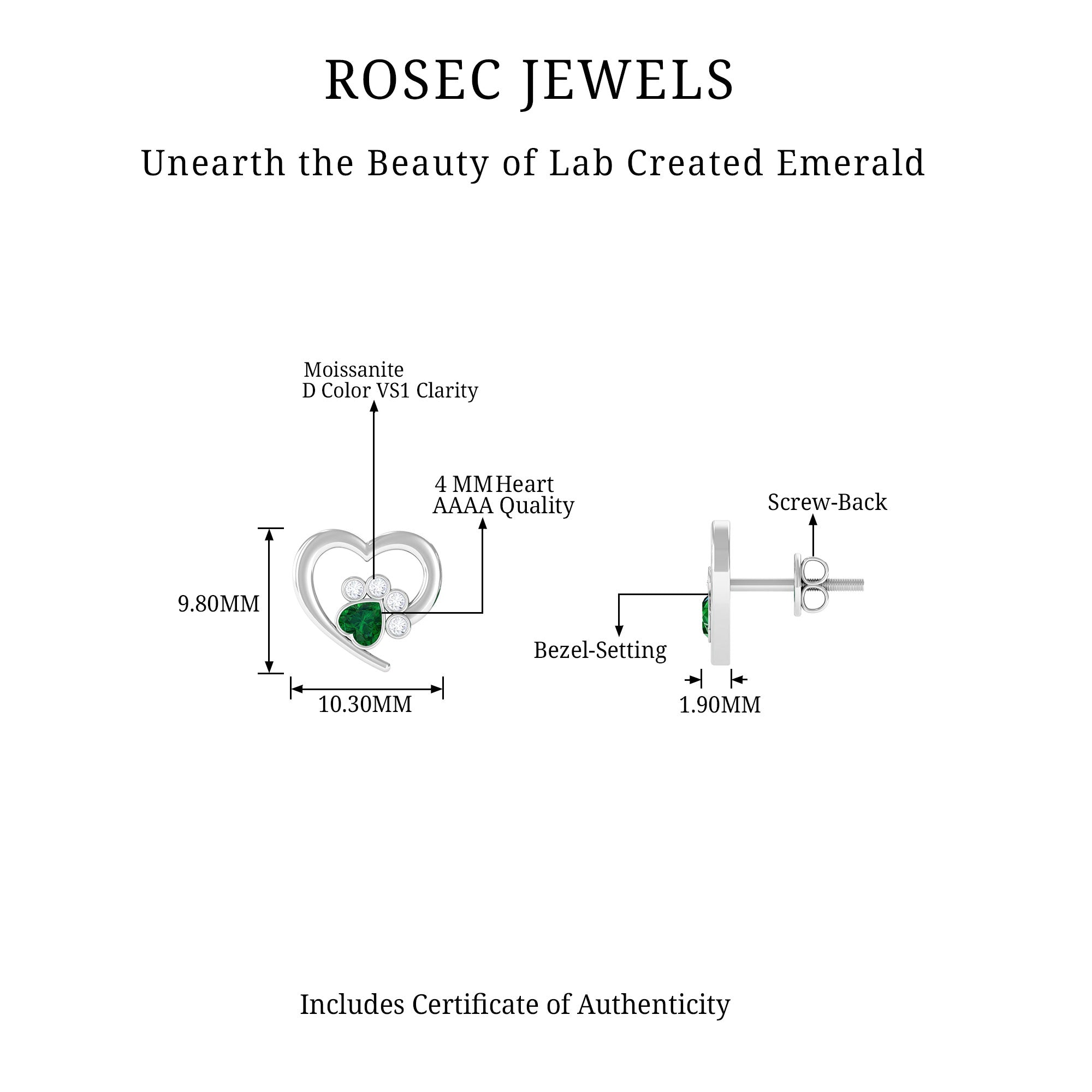 1/4 CT Created Emerald and Moissanite Heart Paw Stud Earrings Lab Created Emerald - ( AAAA ) - Quality - Rosec Jewels