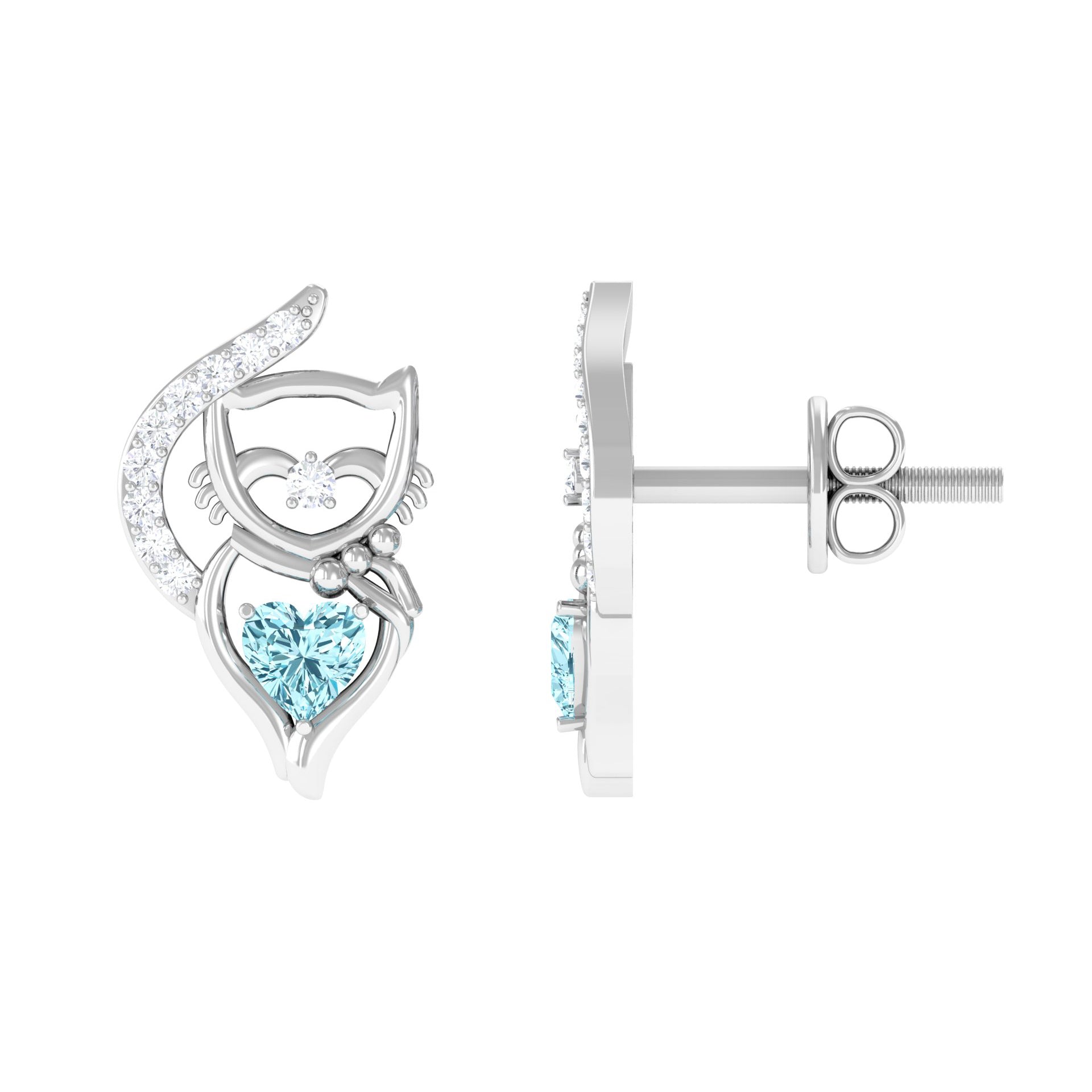 1/2 CT Heart Shape Aquamarine Cat Stud Earrings with Diamond Aquamarine - ( AAA ) - Quality - Rosec Jewels