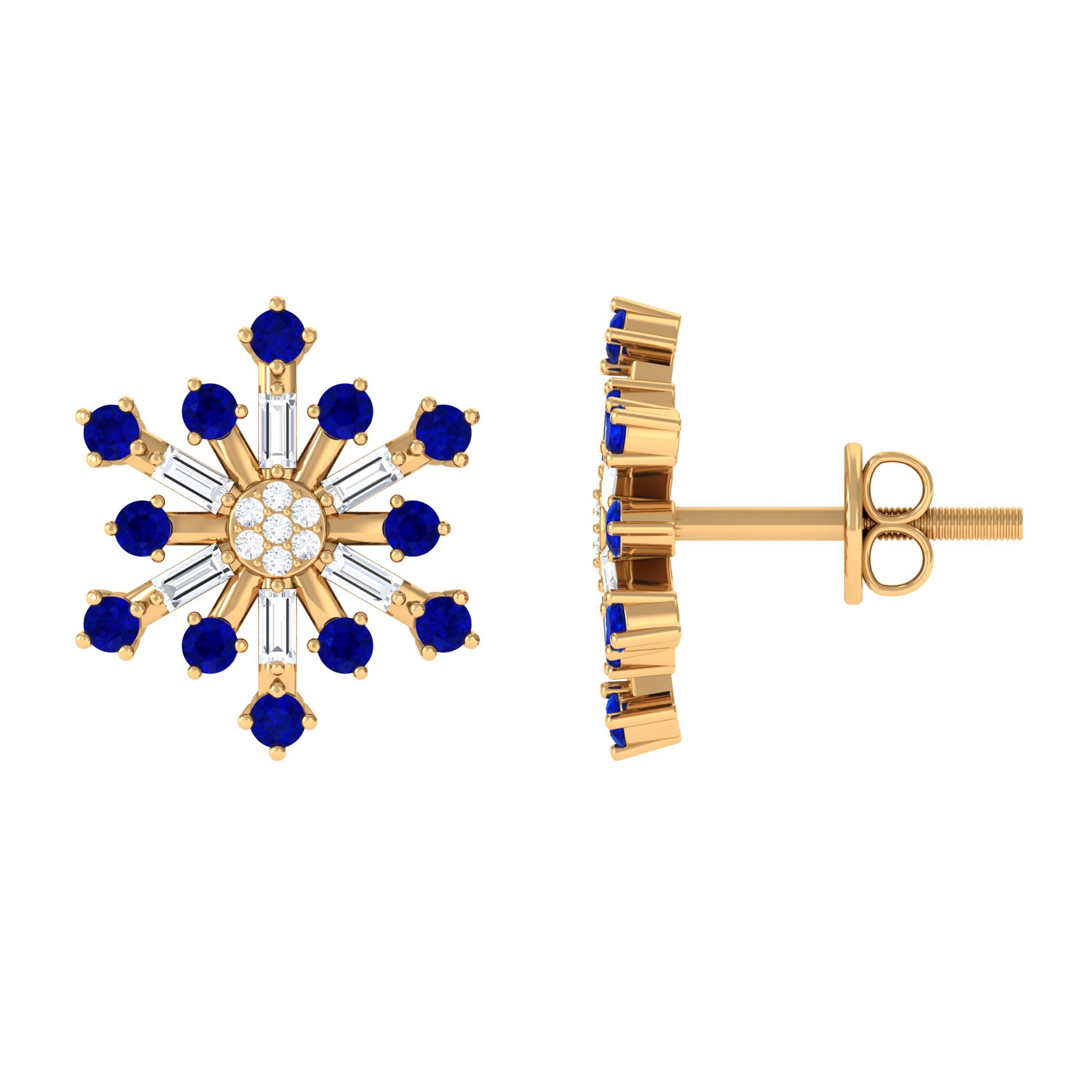 Lab Grown Blue Sapphire and Diamond Snowflake Stud Earrings Lab Created Blue Sapphire - ( AAAA ) - Quality - Rosec Jewels