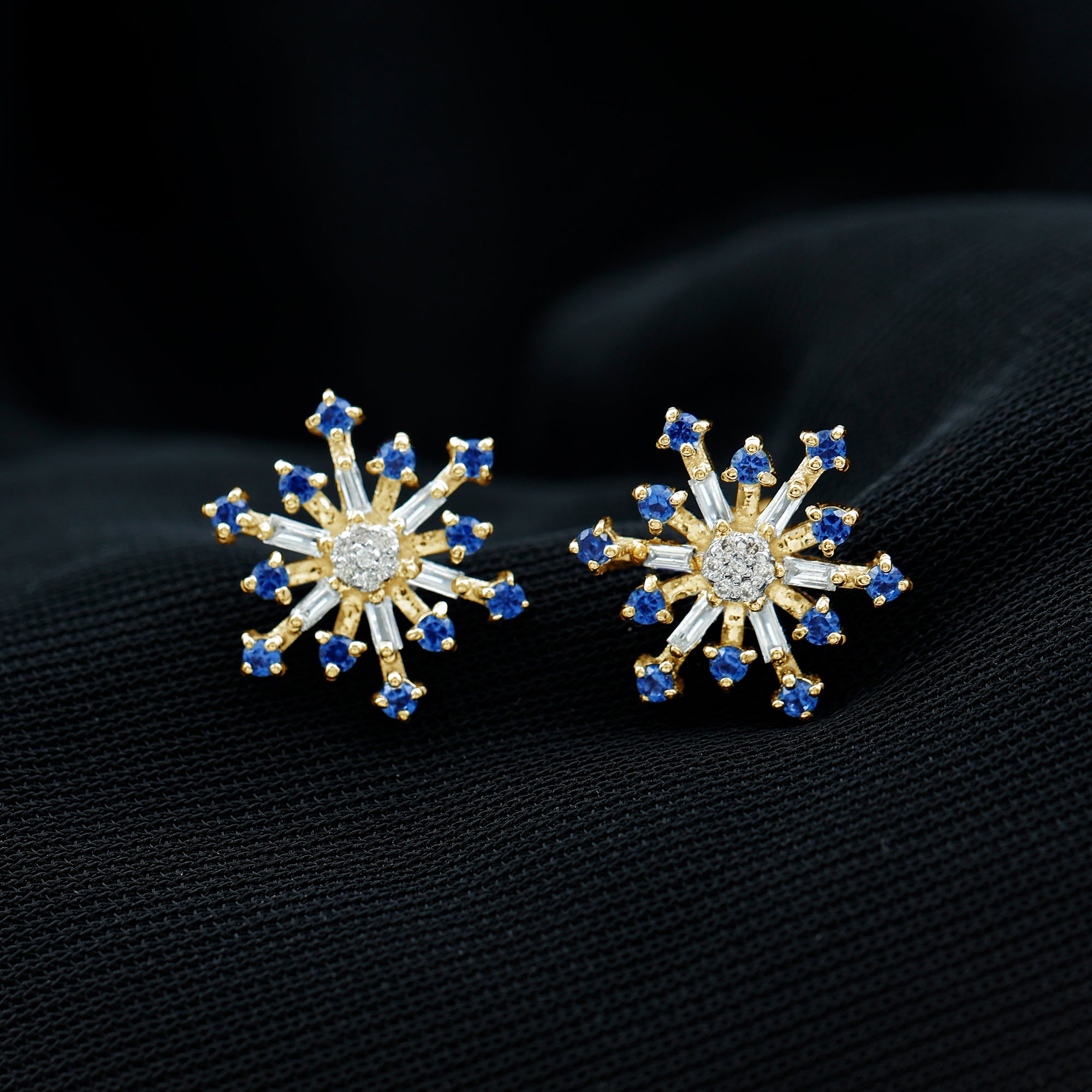 Lab Grown Blue Sapphire and Diamond Snowflake Stud Earrings Lab Created Blue Sapphire - ( AAAA ) - Quality - Rosec Jewels