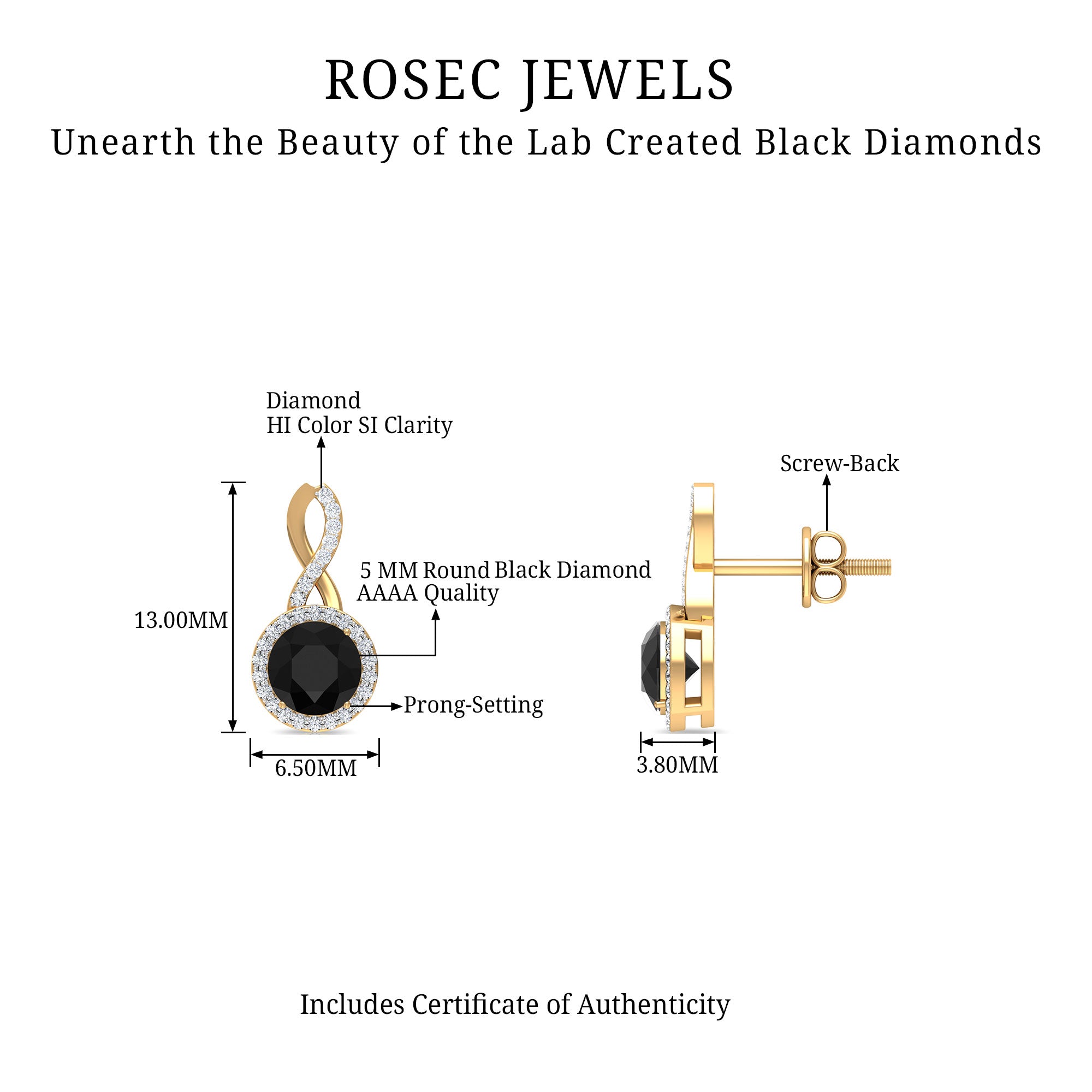 Lab Grown Black Diamond Minimal Infinity Stud Earrings with Diamond Lab Created Black Diamond - ( AAAA ) - Quality - Rosec Jewels