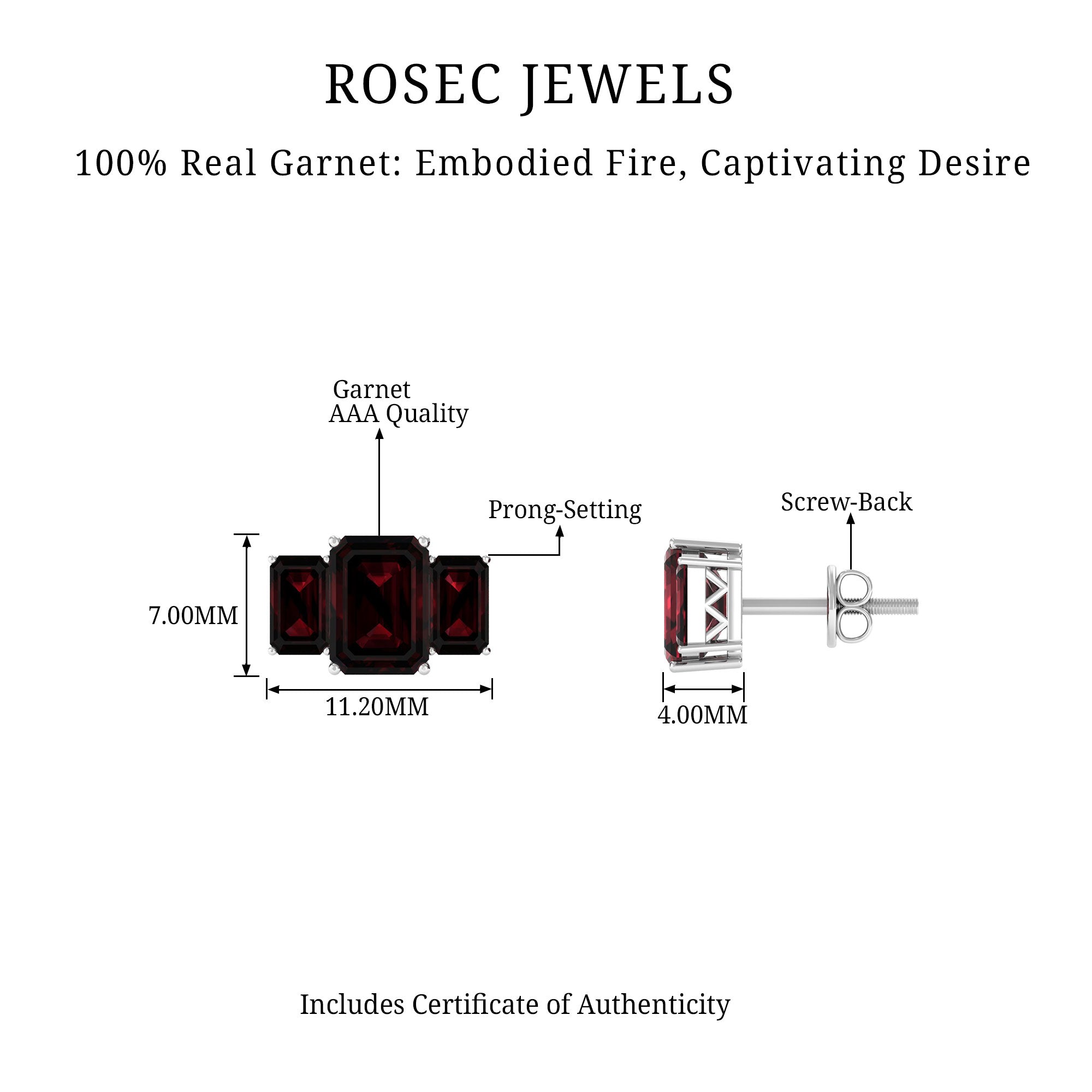 4 CT Octagon Cut Garnet Three Stone Stud Earrings Garnet - ( AAA ) - Quality - Rosec Jewels