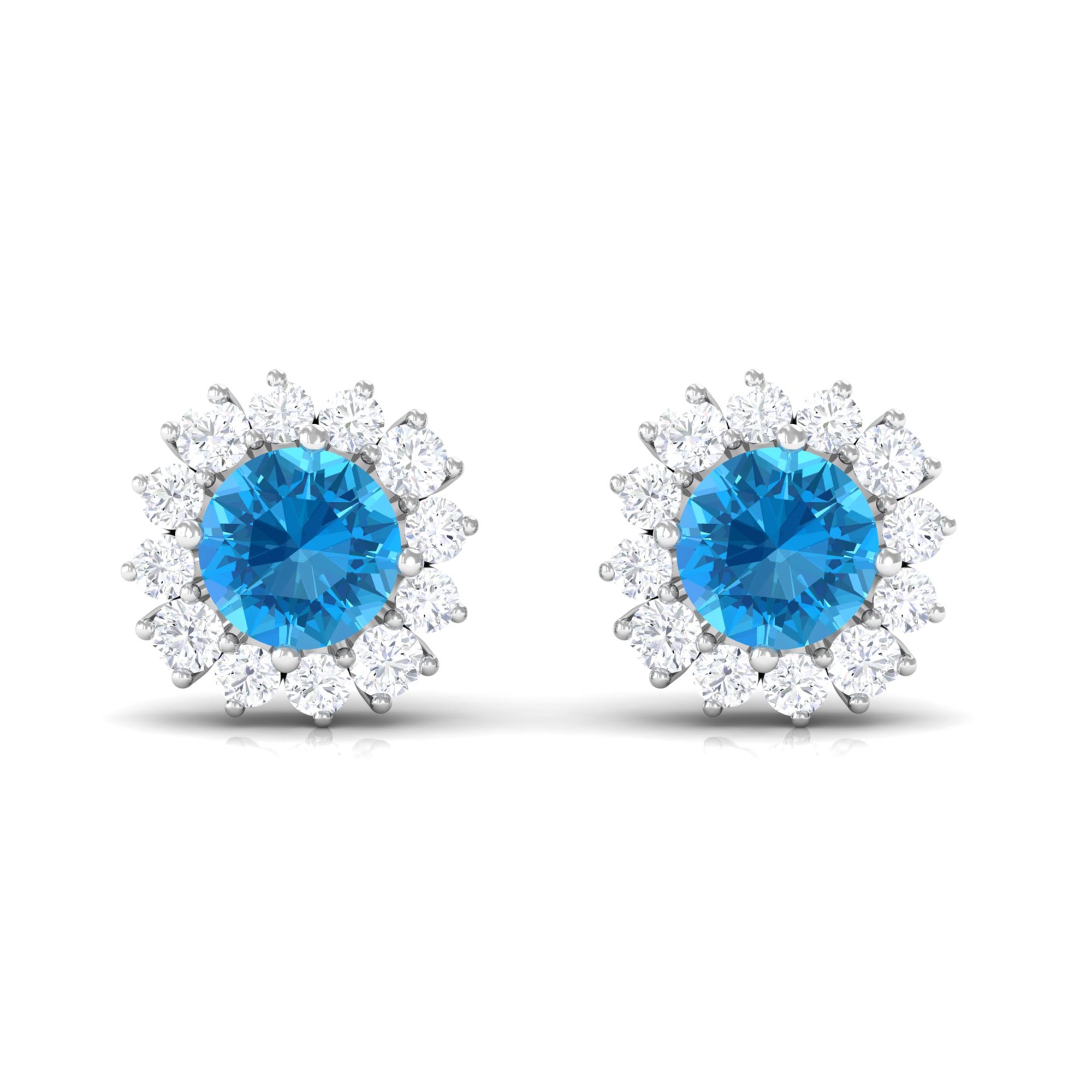 Round Swiss Blue Topaz Classic Stud Earring with Diamond Accent Swiss Blue Topaz - ( AAA ) - Quality - Rosec Jewels