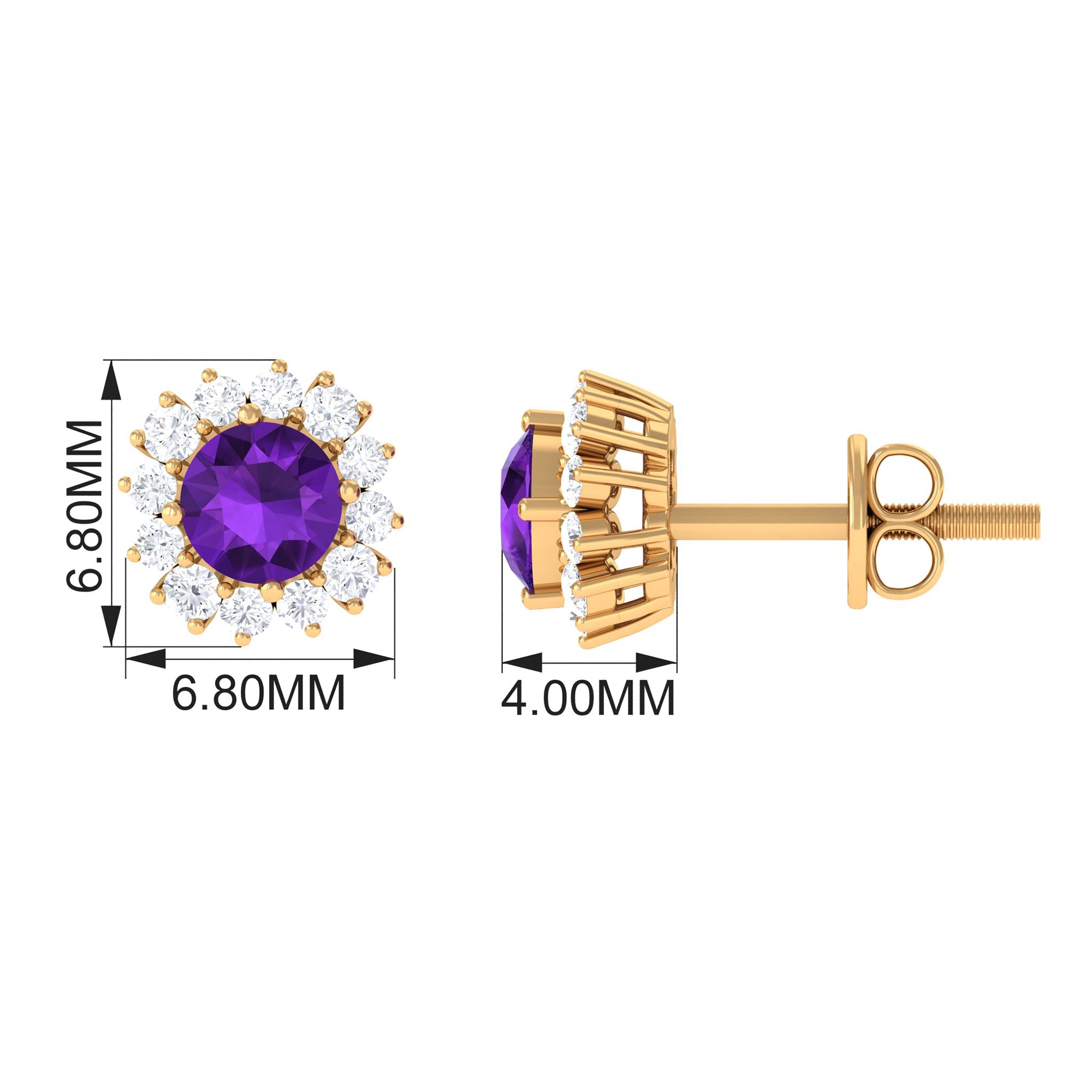 Natural Amethyst Classic Halo Stud Earring with Diamond Amethyst - ( AAA ) - Quality - Rosec Jewels