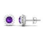 Natural Amethyst Classic Halo Stud Earring with Diamond Amethyst - ( AAA ) - Quality - Rosec Jewels