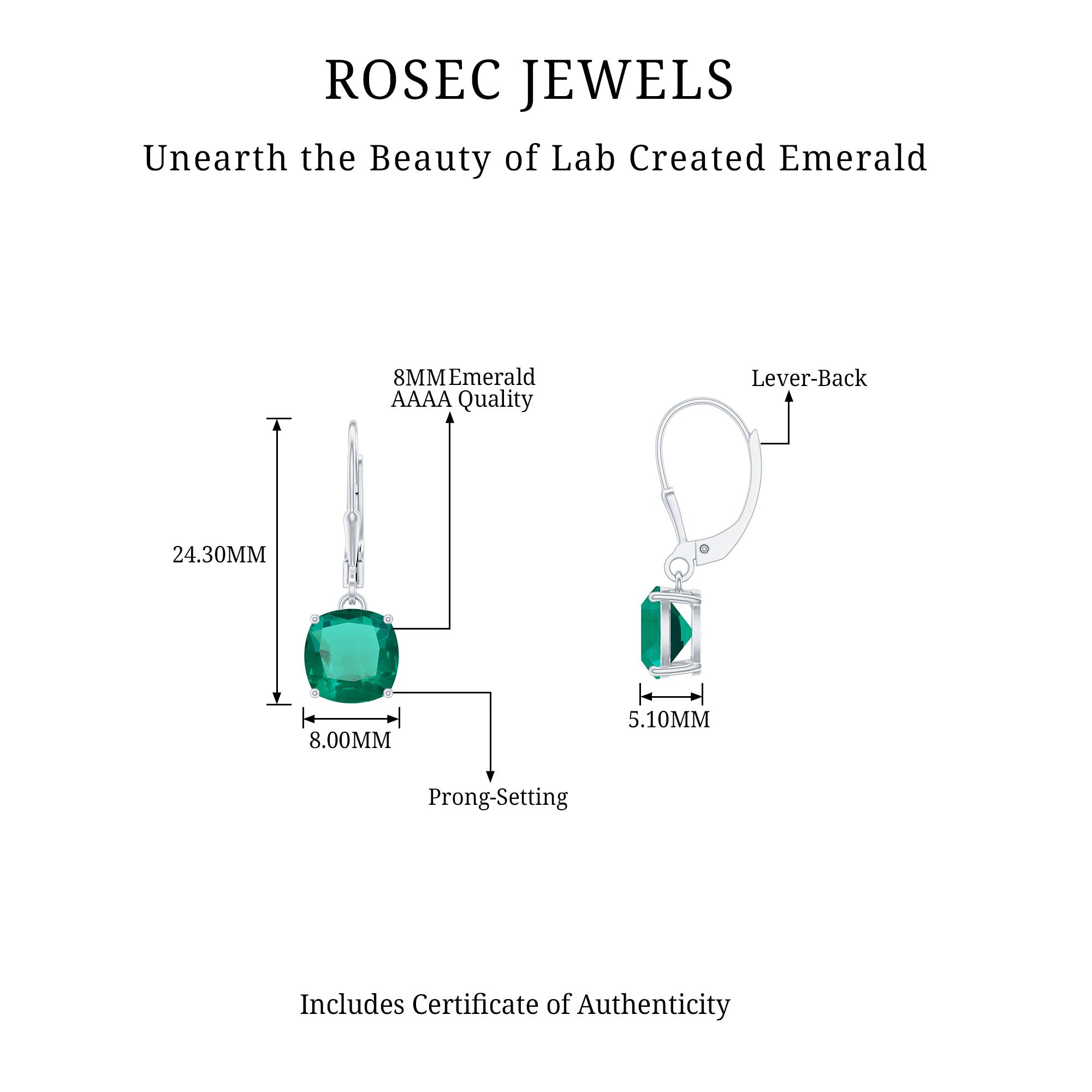 Cushion Cut Solitaire Created Emerald Drop Earrings Lab Created Emerald - ( AAAA ) - Quality - Rosec Jewels