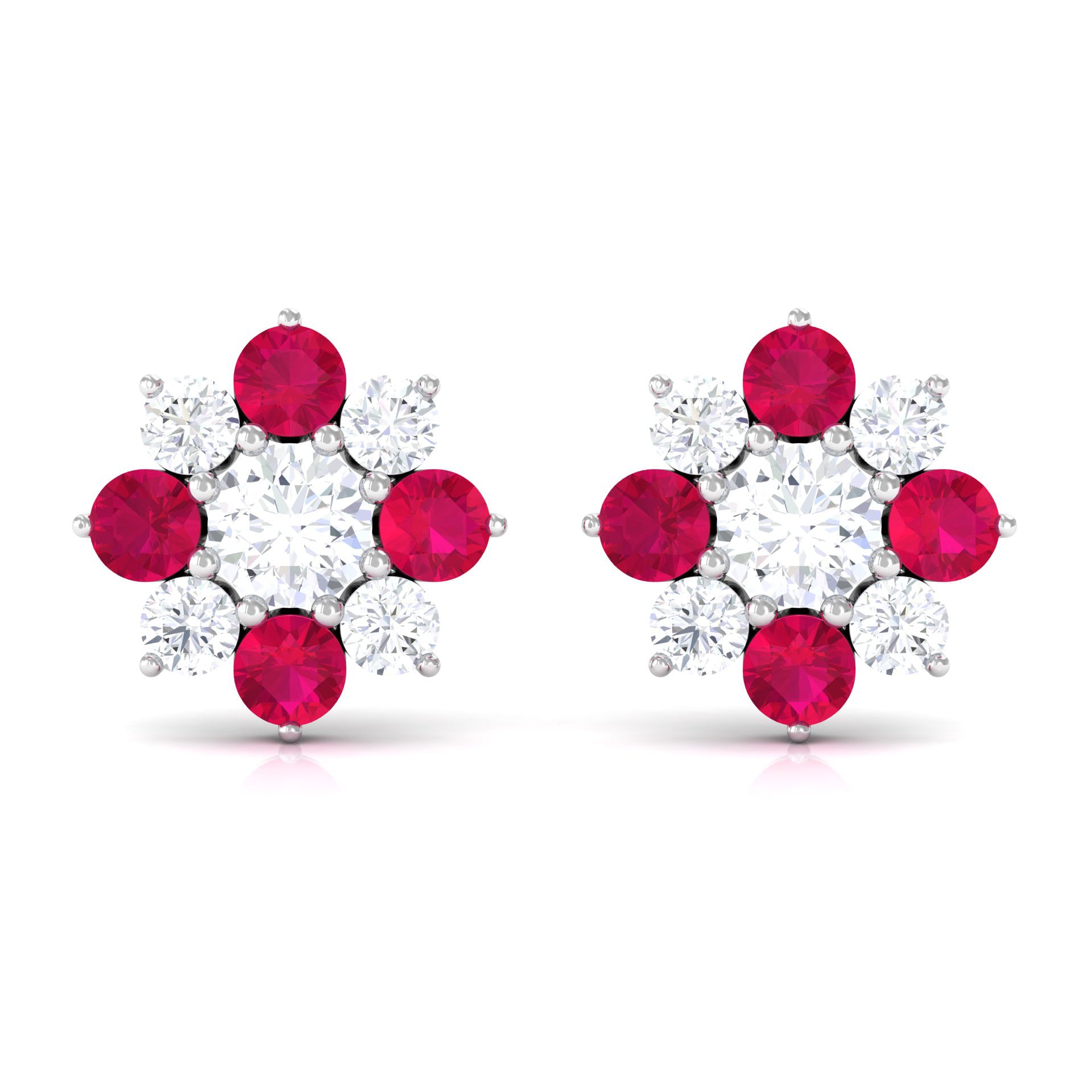 1 CT Diamond and Ruby Floral Stud Earrings Ruby - ( AAA ) - Quality - Rosec Jewels